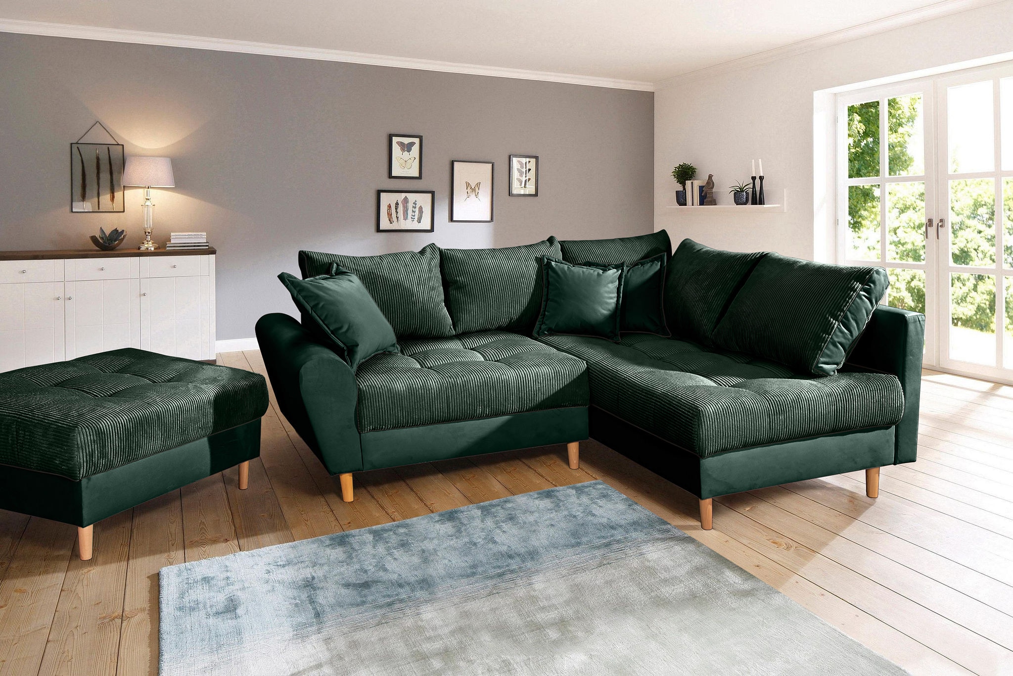 Home affaire Ecksofa »Rice L-Form«, (Set, mit Hocker), mit Bonnellfederkern, Hocker & Kissen, Ottomane beidseitig montierbar