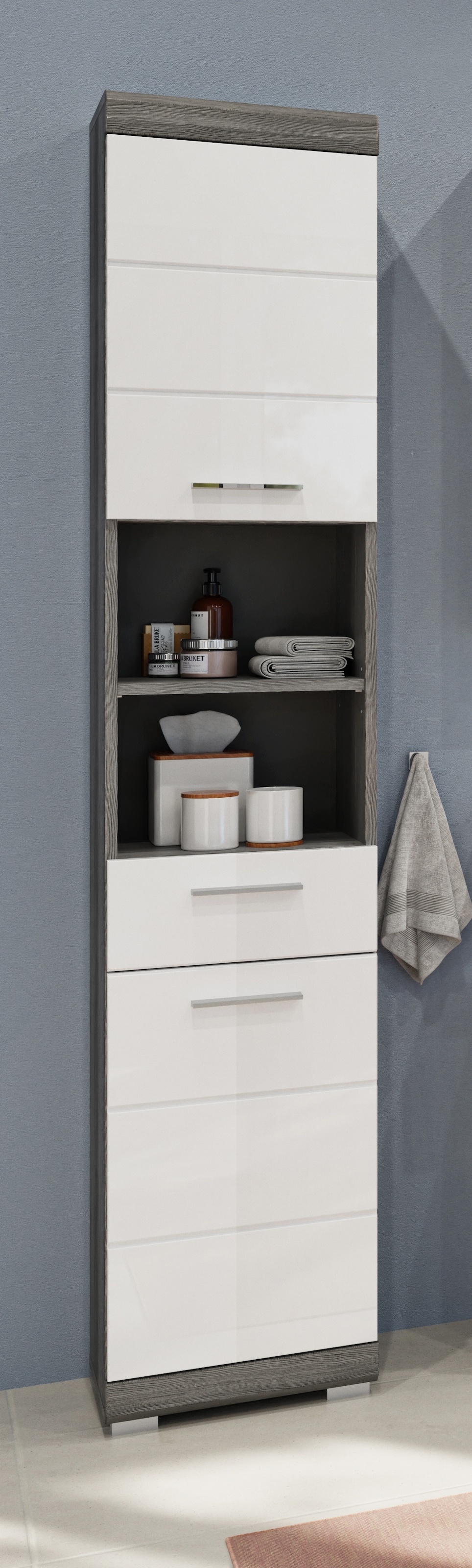 INOSIGN Hochschrank »Siena, Breite 37cm, 2 Tür, 1 Schubkasten, 2 offene Fächer, MDF-Front«, (1 St.), in verschiedenen Farben erhältlich, Badmöbel, Badschrank, Schrank, Bad