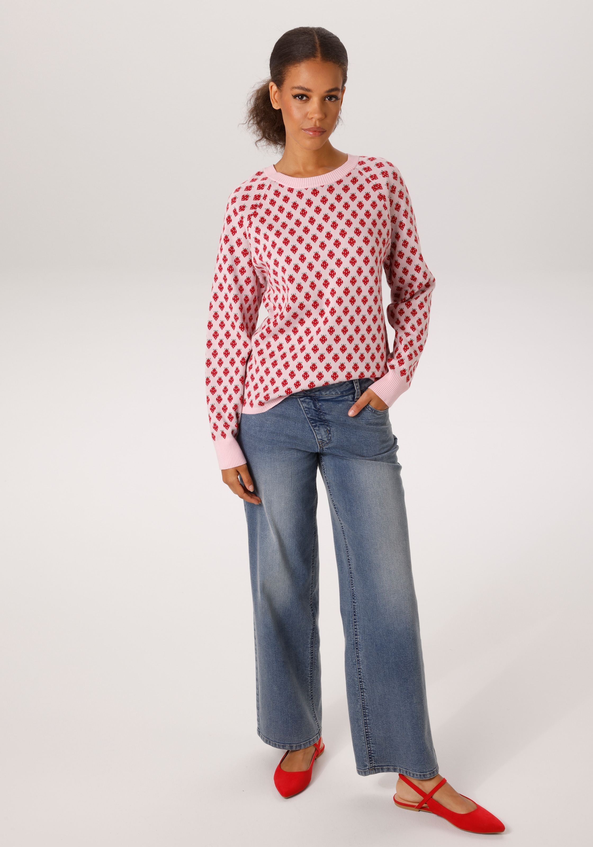 Aniston CASUAL Strickpullover mit eingestrickten, grafischen Erdbeeren - NEUE KOLLEKTION