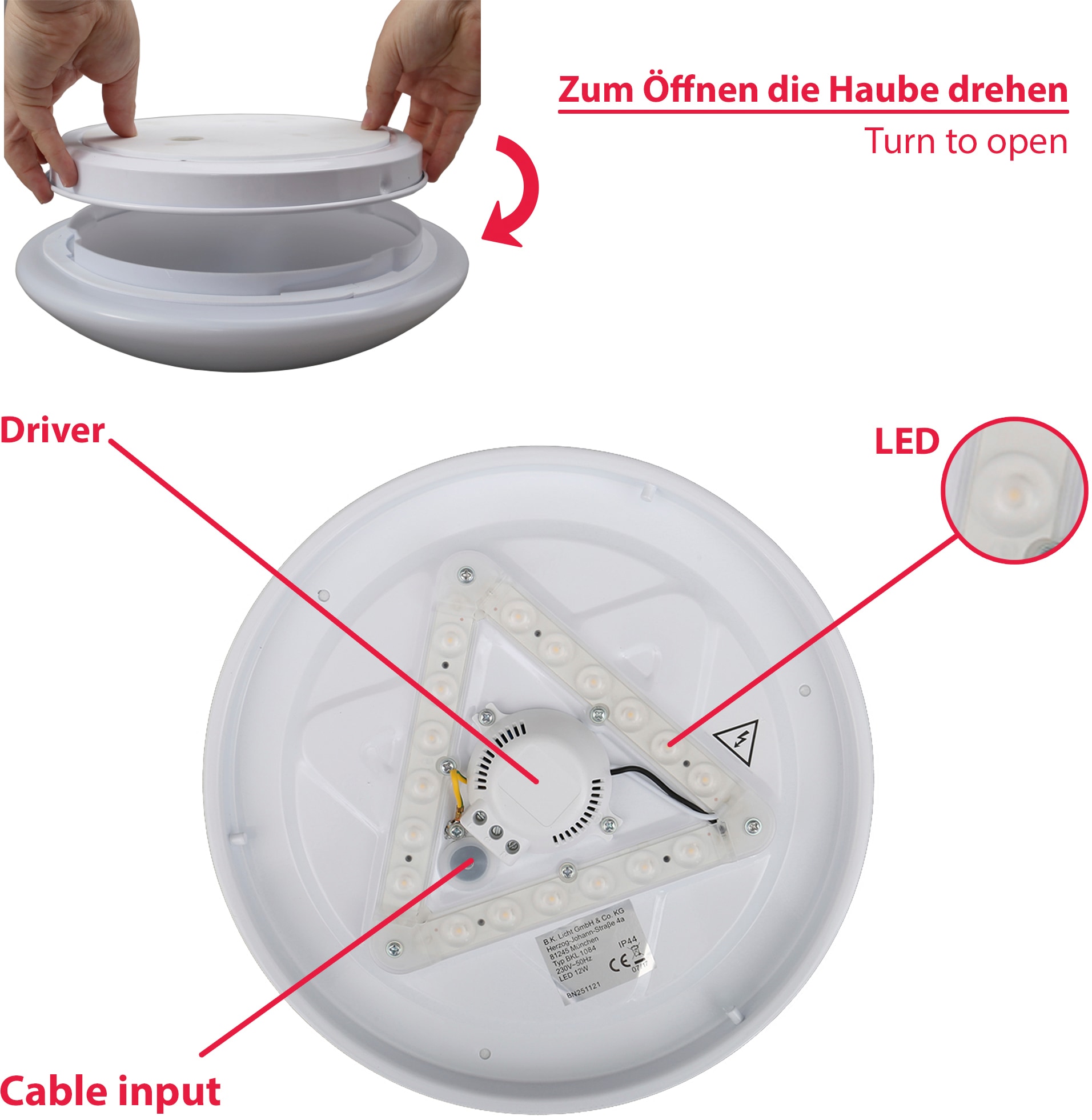 B.K.Licht LED Deckenleuchte »BK_DL1084 LED-Deckenlampe Bad, 12W, 4.000K Neutralweißes Licht«, 1 flammig, Leuchtmittel LED-Modul | LED fest integriert, 1.200 Lumen, IP44 Spritzwasserschutz, LED-Badlampe Ø29cm