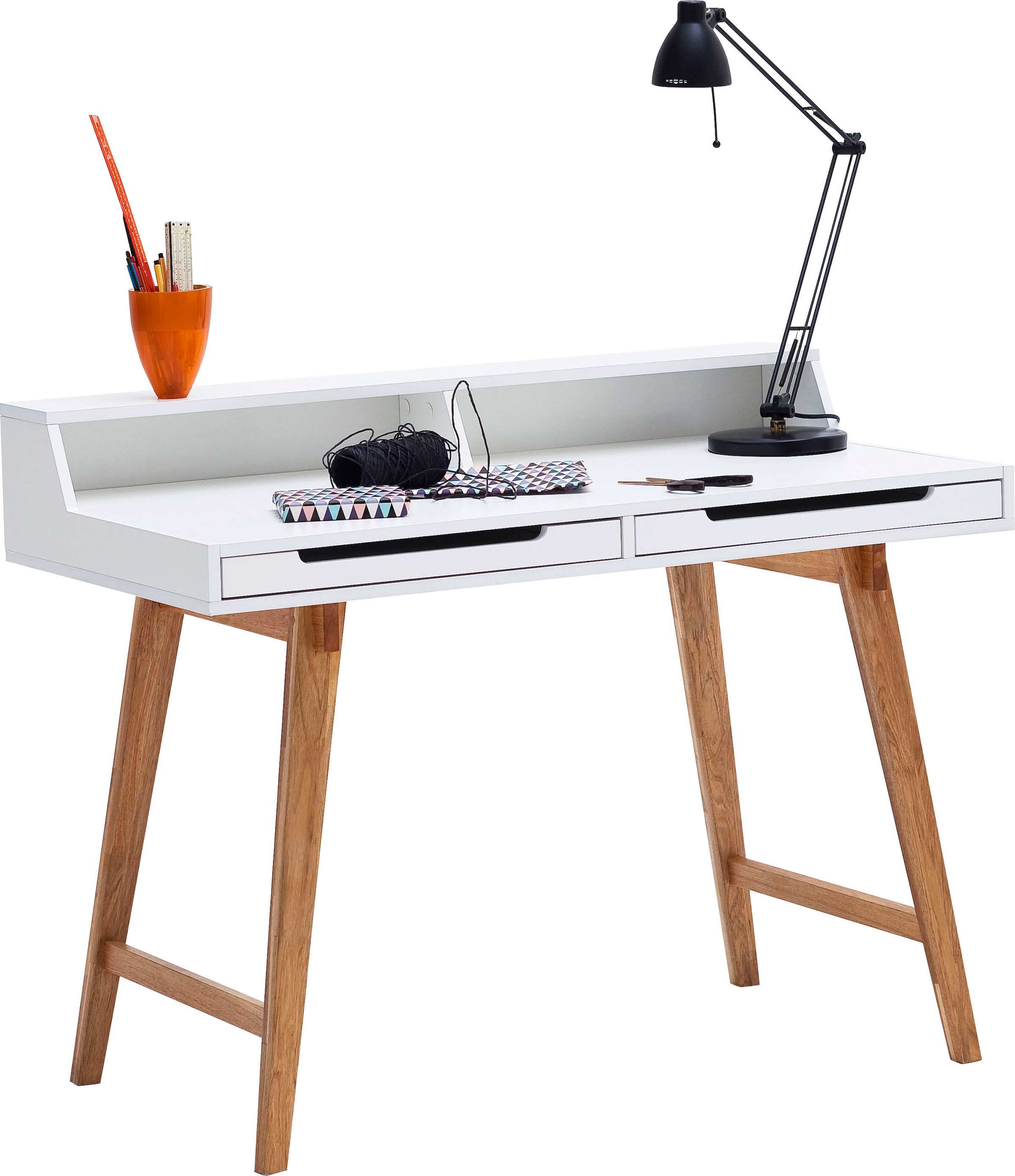 MCA furniture Schreibtisch »Tiffy«, weiß matt lackiert, Gestell Massivholz buchefarben, Breite 110 cm