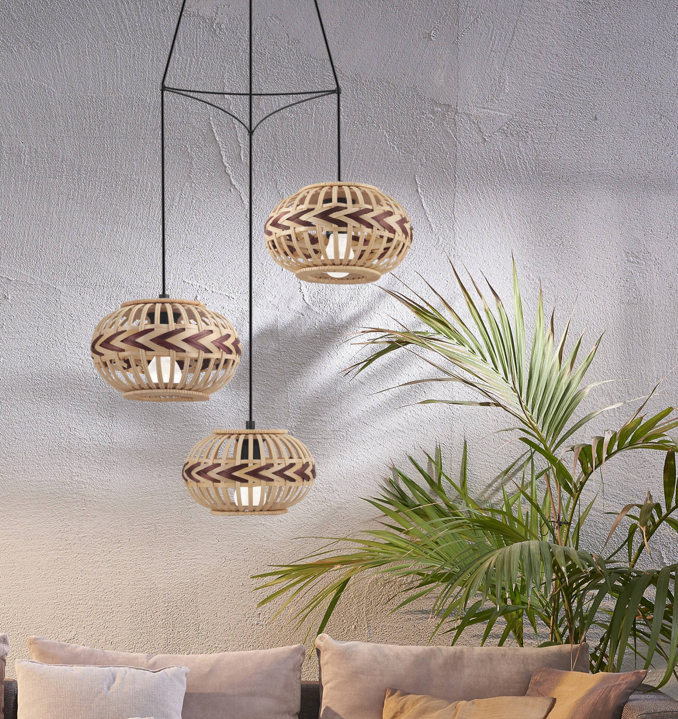 EGLO Hängeleuchte »Dondarrion«, 3 flammig, Leuchtmittel E27 | ohne Leuchtmittel, Holzkorb geflochten, Natur, Braun, Vintage, Hygge, Boho, 1-flammig