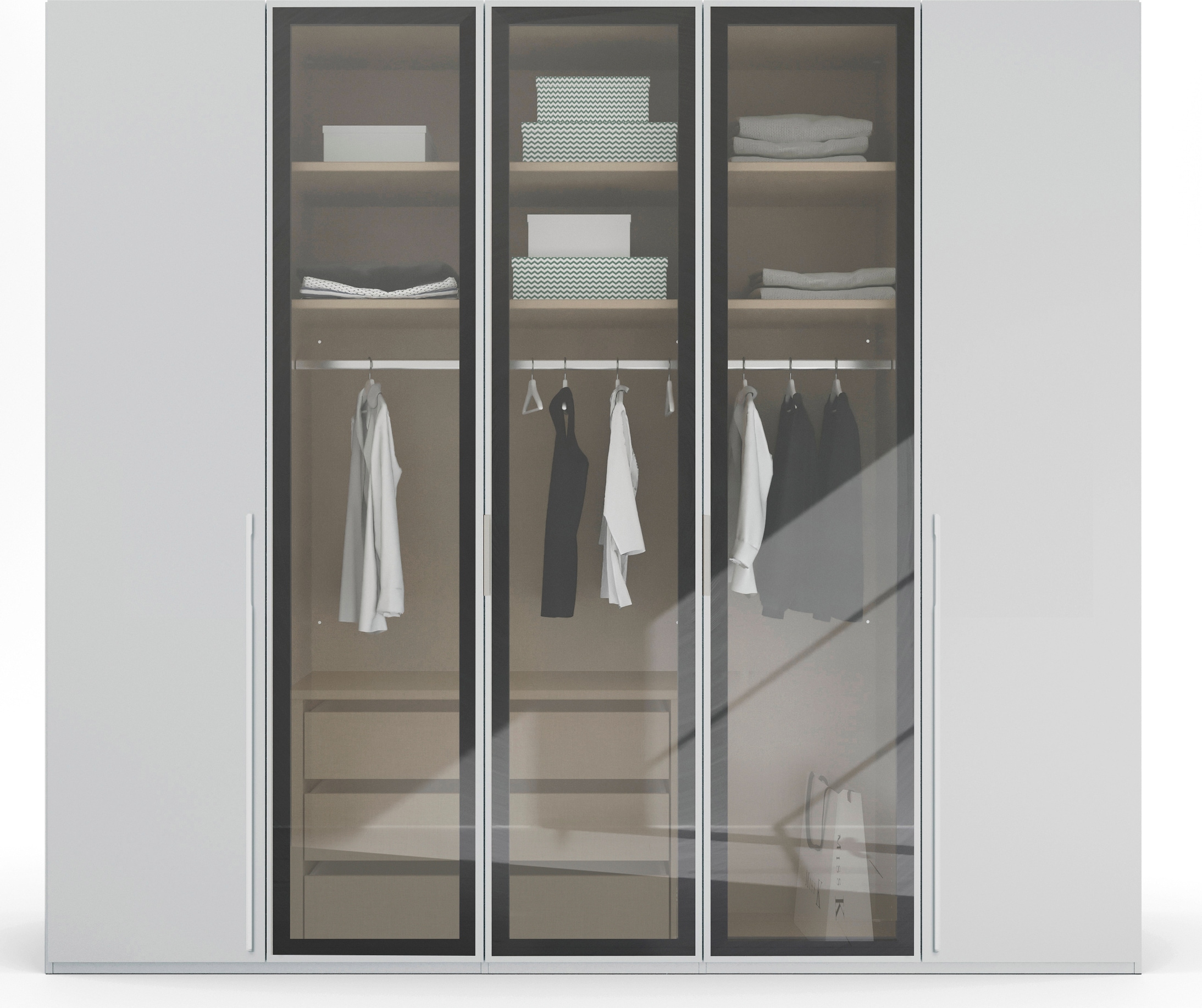 rauch Drehtürenschrank »Kleiderschrank Schrank Garderobe SKAT SHINE mit hochwertigem,«, transparentem Grauglas inkl. umfangreichem Zubehör MADE IN GERMANY