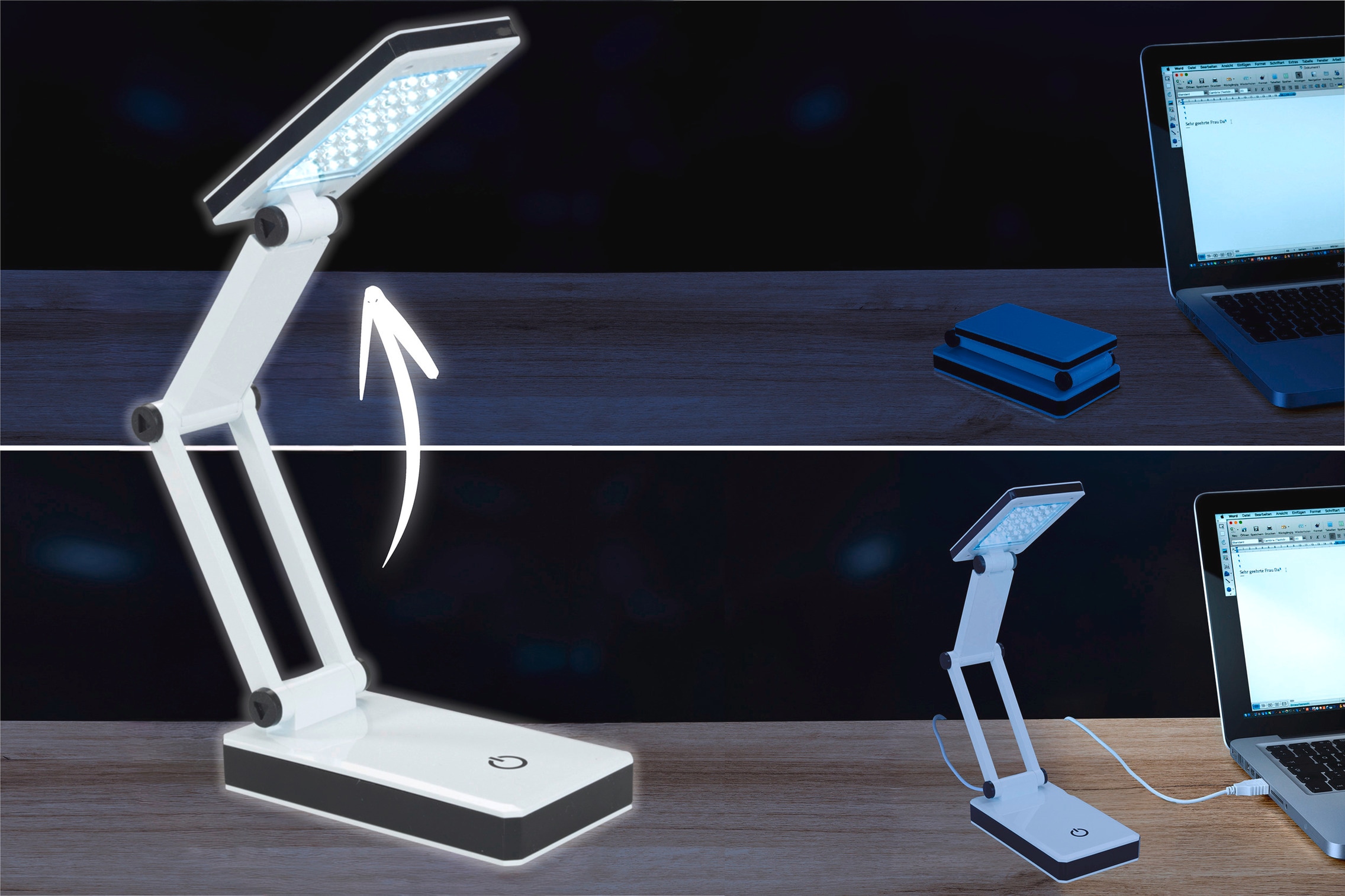 Maximex LED Schreibtischlampe »faltbar« LED-Modul 1 Stk. Neutralweiß LED Lampe, stufenlos verstellbar, USB-Port oder Batteriebetrieb