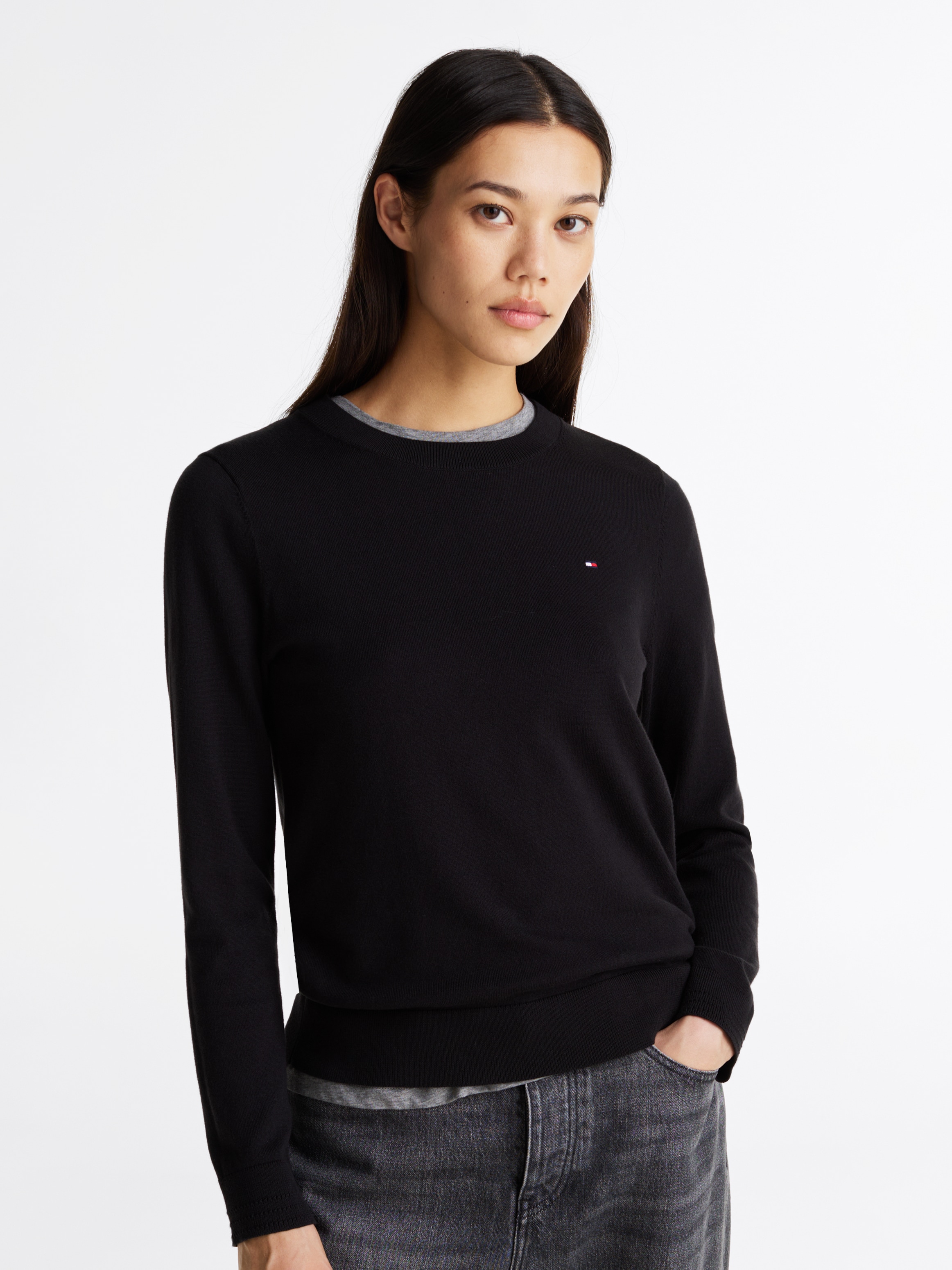 Tommy Hilfiger Rundhalspullover »CO JERSEY STITCH LS C-NK SWT«, mit Logostickerei
