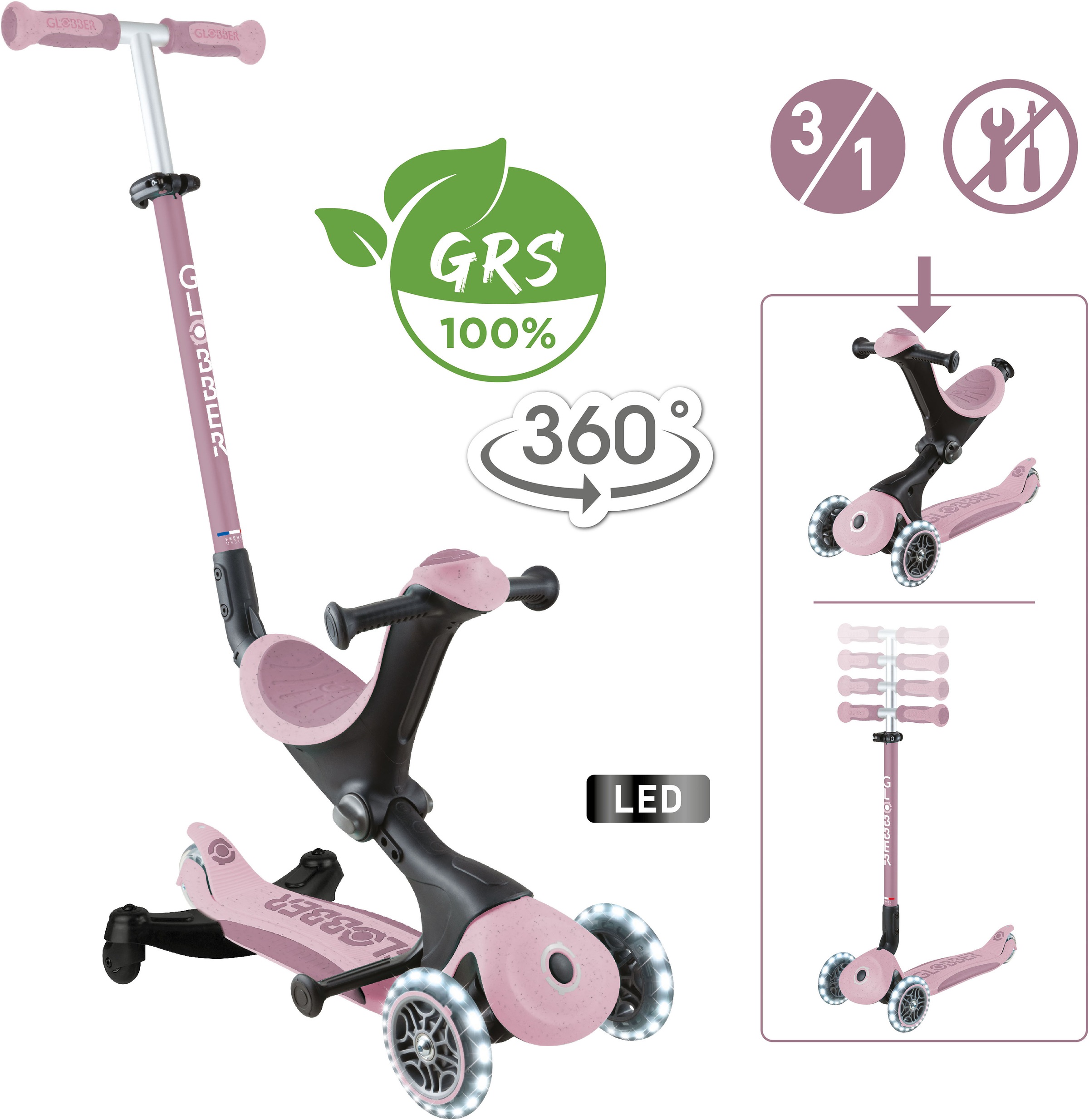 Globber Tretroller »GO-UP DELUXE LIGHTS ECO 360, mit Leuchtrollen« Aufsitzrad mit Schubstange, Laufrad und Scooter