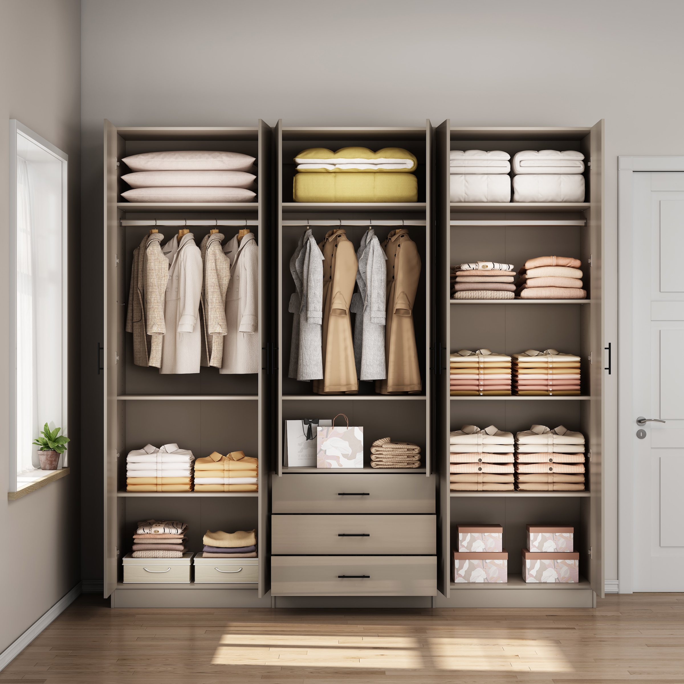 OTTO home Kleiderschrank »Trento Schlafzimmerschrank Garderobe hochglanz« in 2 unterschiedlichen Schrankhöhen wählbar,  Schrank mit 6 Türen und 3 Schubladen, hochglanz Fronten, Höhe 2,39m
