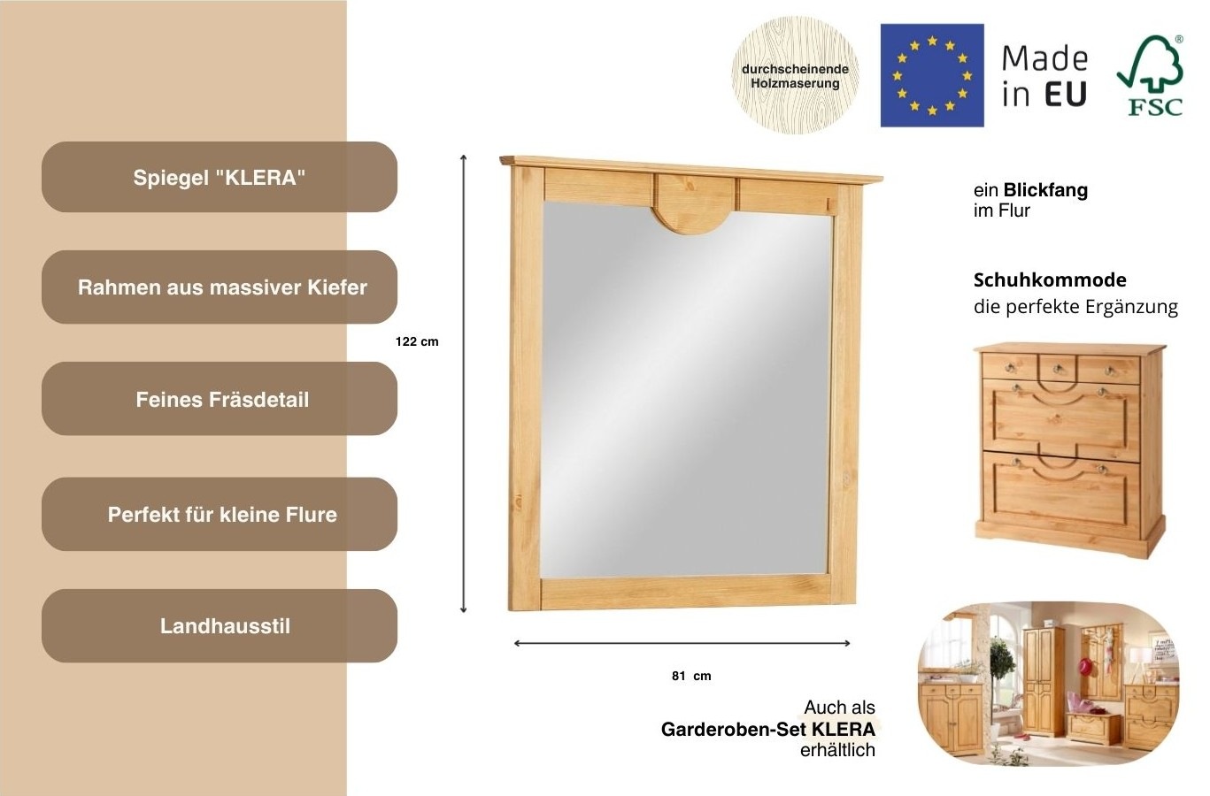 Home affaire Garderobenspiegel »Klera« Rahmen aus massiver Kiefer, FSC®, Breite 81 cm
