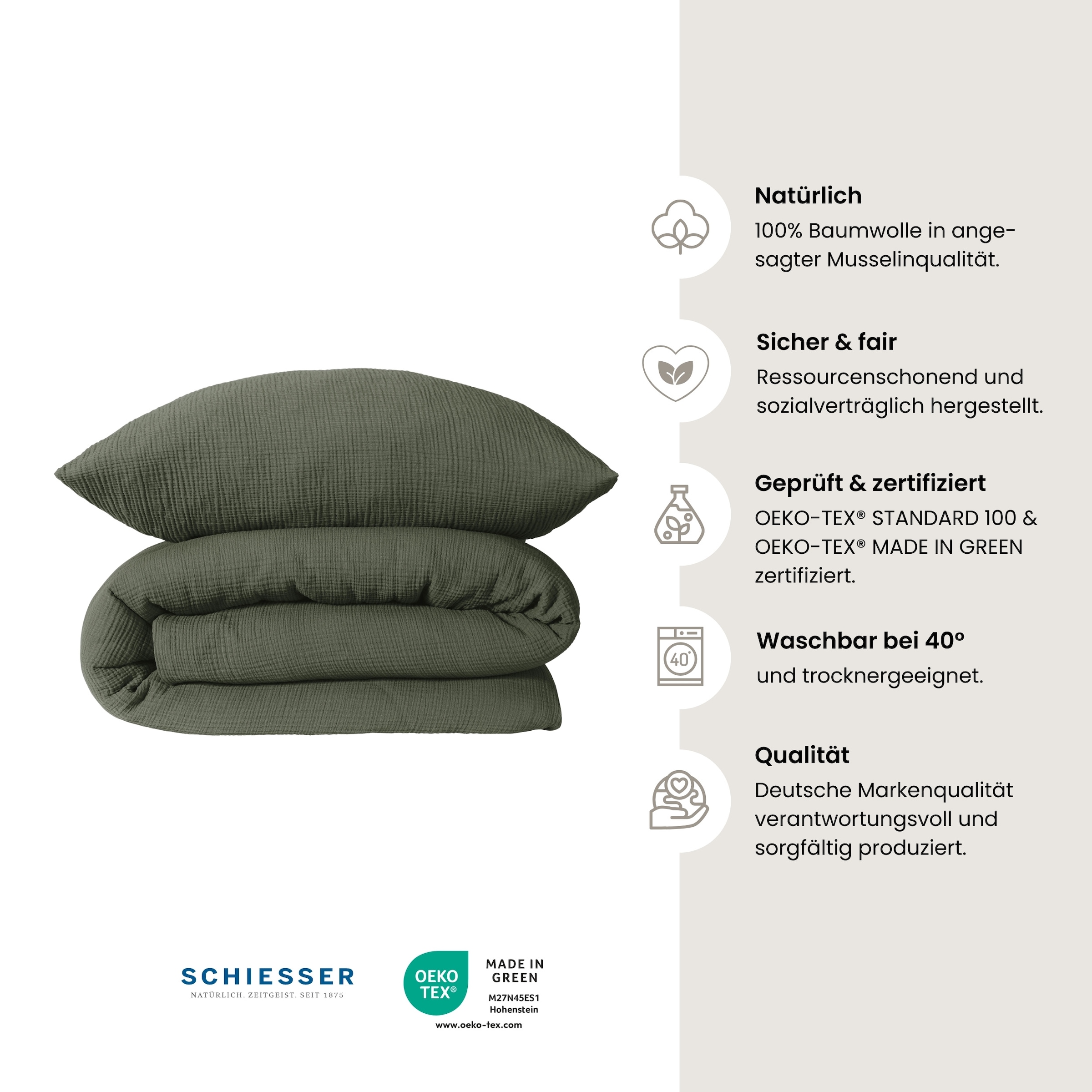 Schiesser Bettwäsche »Molly aus softer Musselin-Qualität in gedeckten, natürlichen Farben«, (2 tlg.), MADE IN GREEN by OEKO-TEX®