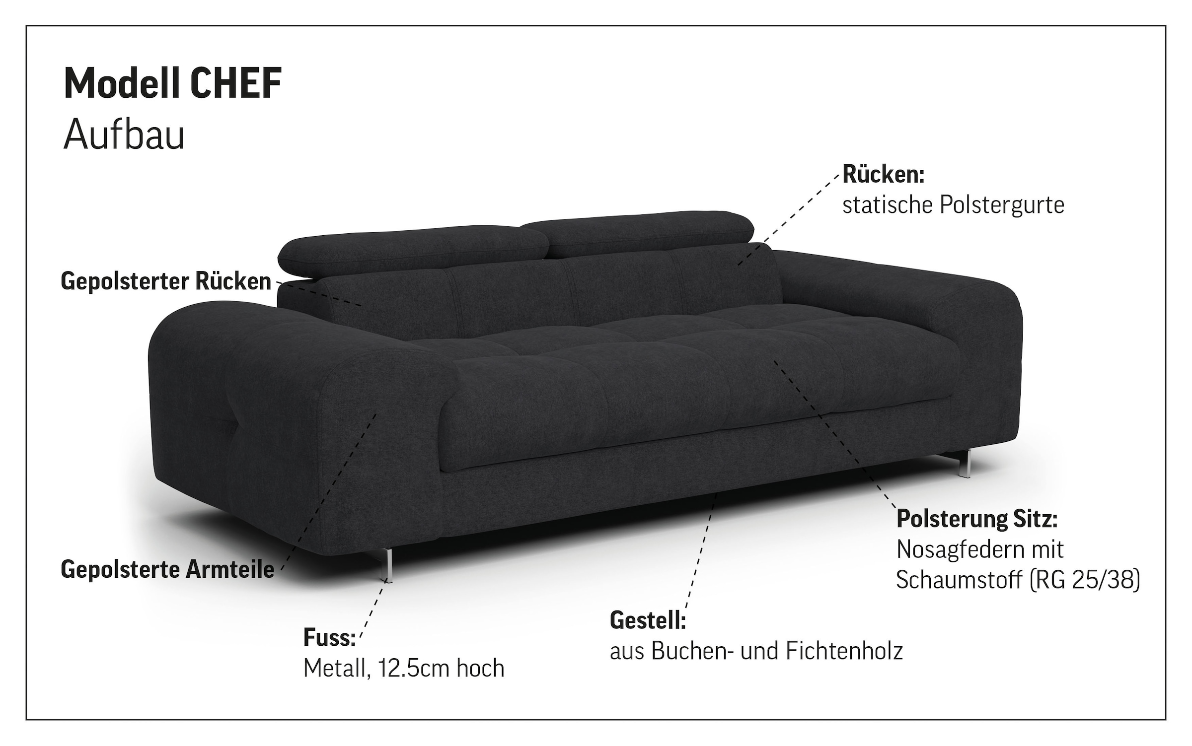 COTTA 3-Sitzer »Chef« Big-Sofa mit Kopfteilverstellung, edle Metallkufen