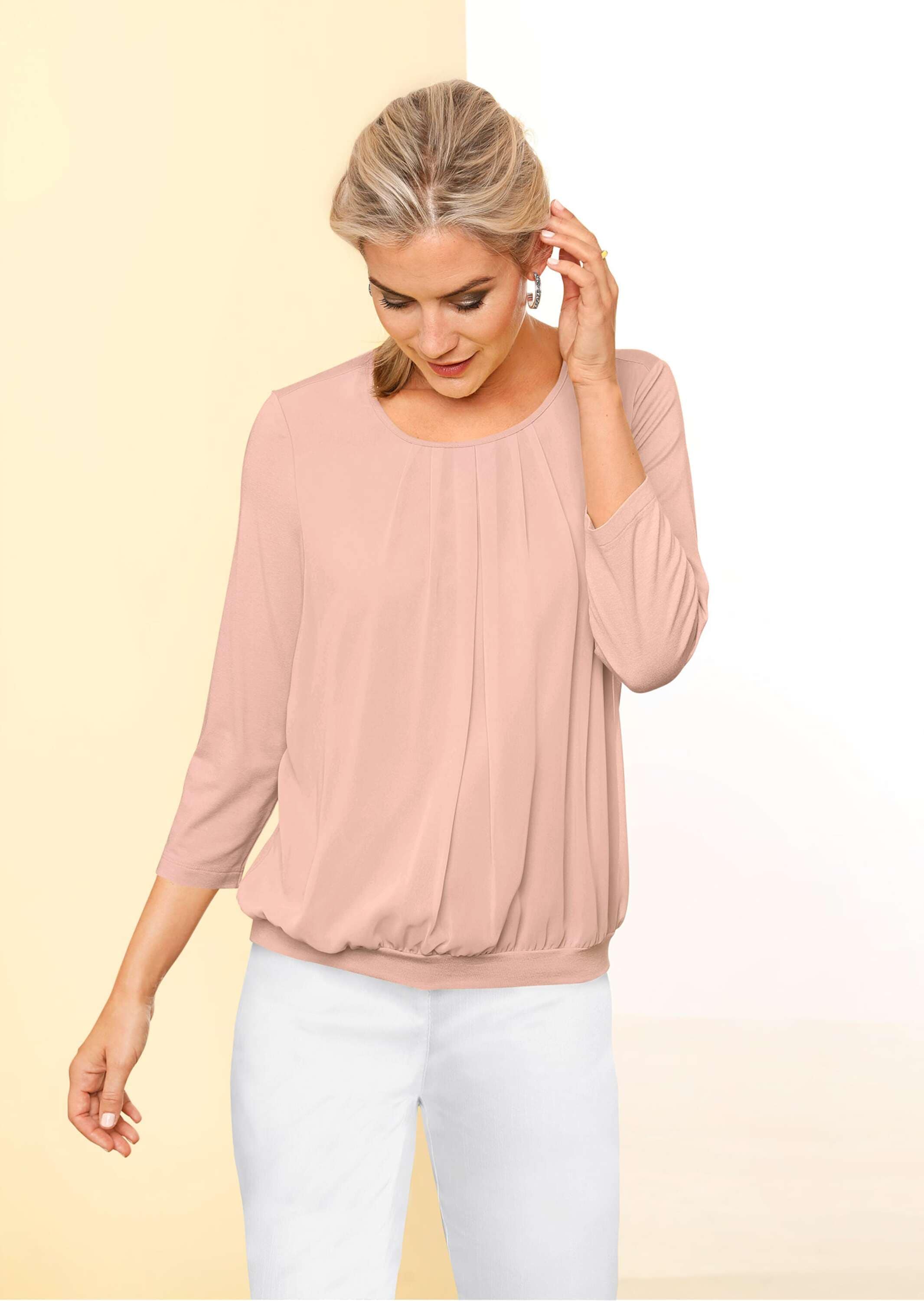GOLDNER Kurzarmbluse »Kurzgröße Chiffon-Shirt mit 3/4-Arm, Rundhals«