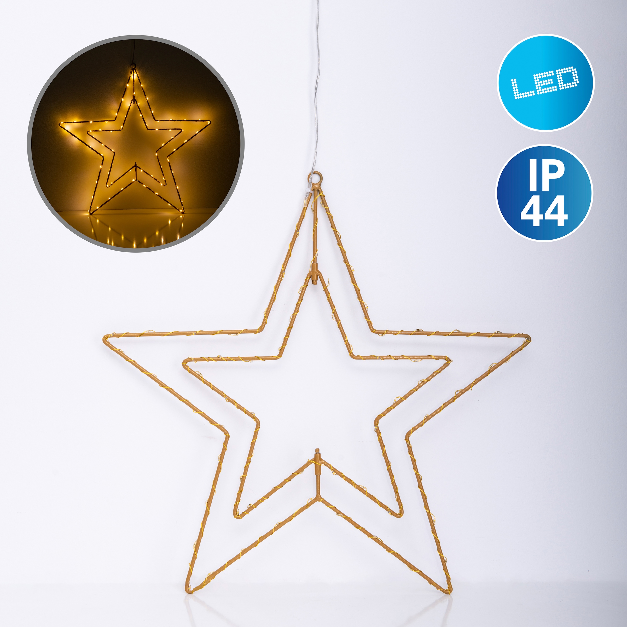 Dekolicht »Stern«, 1 flammig, golden mit Aufhängung Ã˜ 40cm Licht warmweiß 70 LED IP44