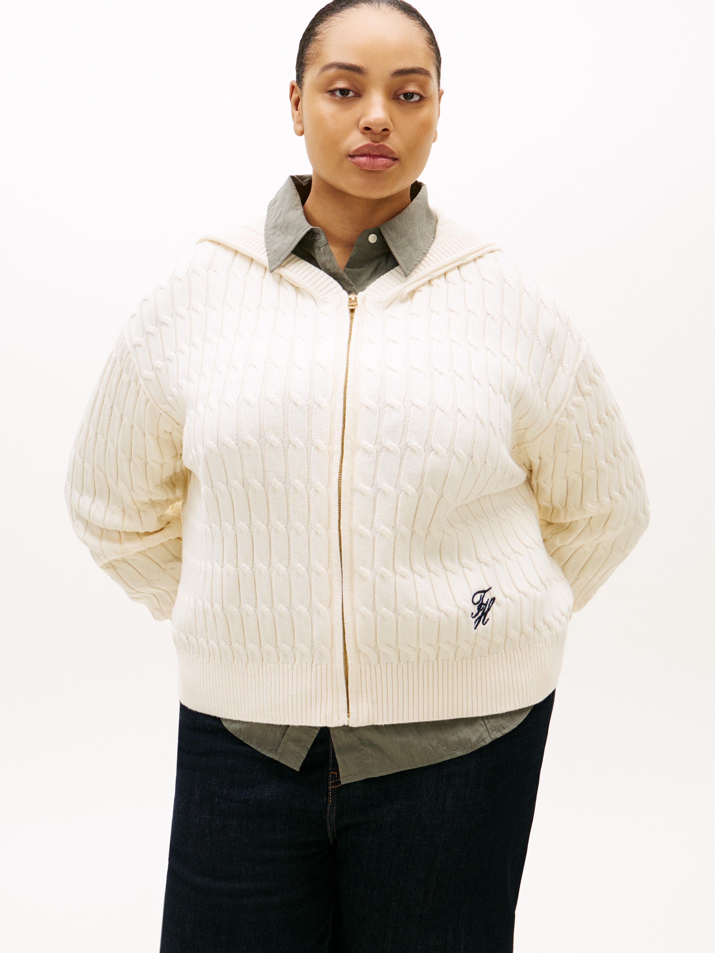 Tommy Hilfiger Curve Kapuzenstrickjacke »CRV CO CABLE MID GG LS ZIP HOODY« in großen Größen, mit Zopfmuster
