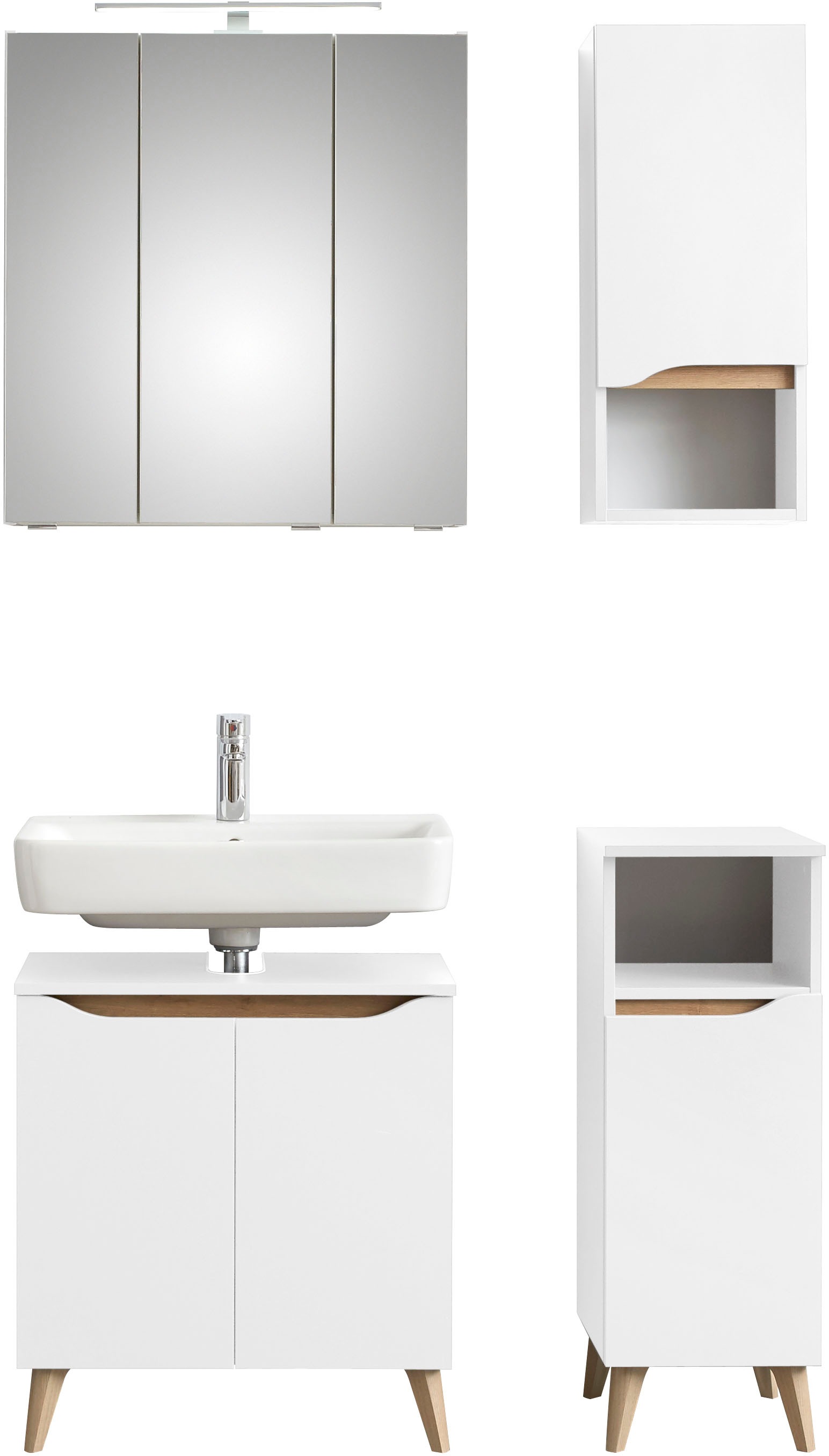 Saphir Badmöbel-Set »Quickset 4-teilig, Waschbeckenunterschrank mit LED-Spiegelschrank«, (8 St.), Unterschrank, Hängeschrank, inkl. Türdämpfer, 7 Türen, Bad-Set