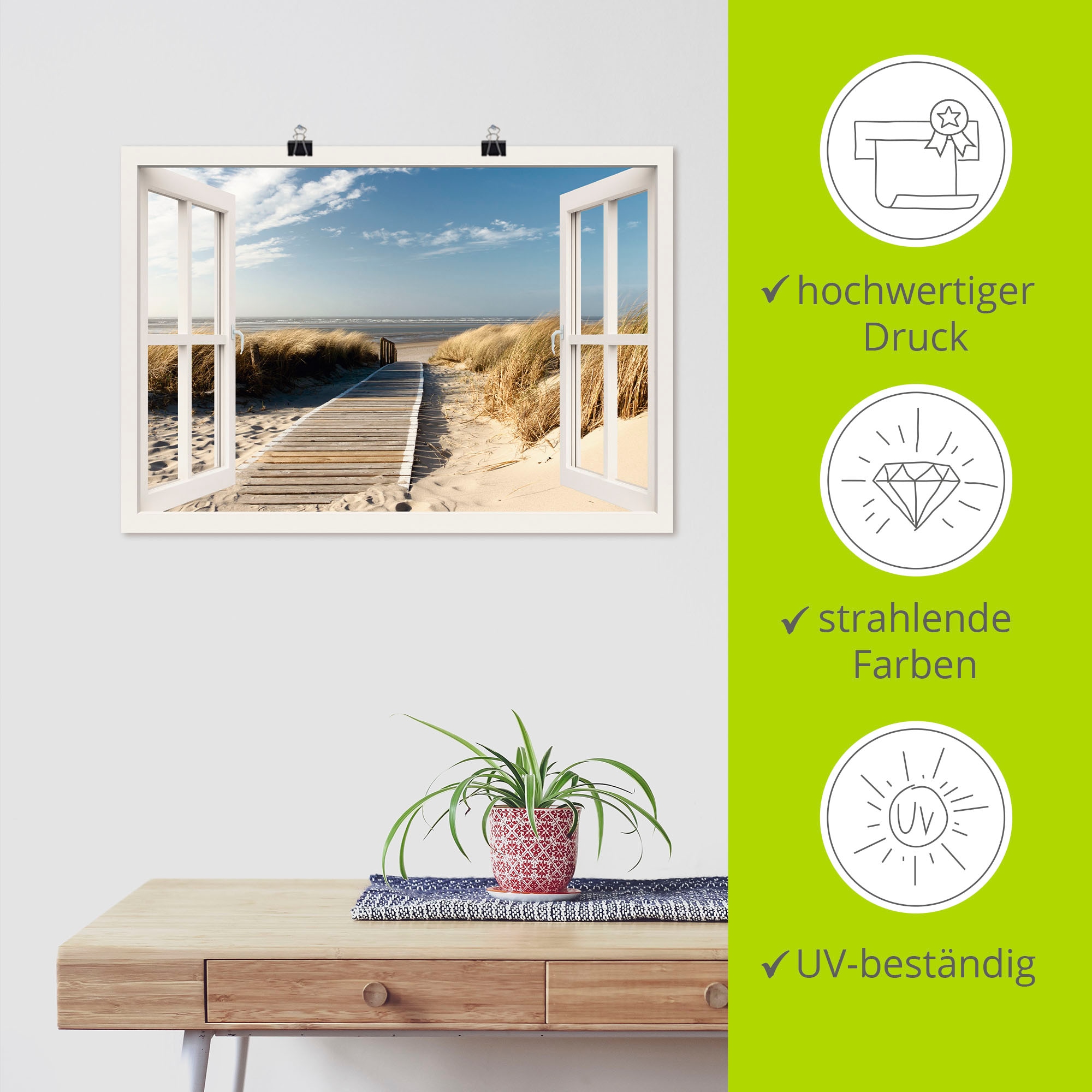 Artland Wandbild »Fensterblick Nordseestrand auf Langeoog«, Fensterblick, (1 St.), als Leinwandbild, Poster, Wandaufkleber in verschied. Größen