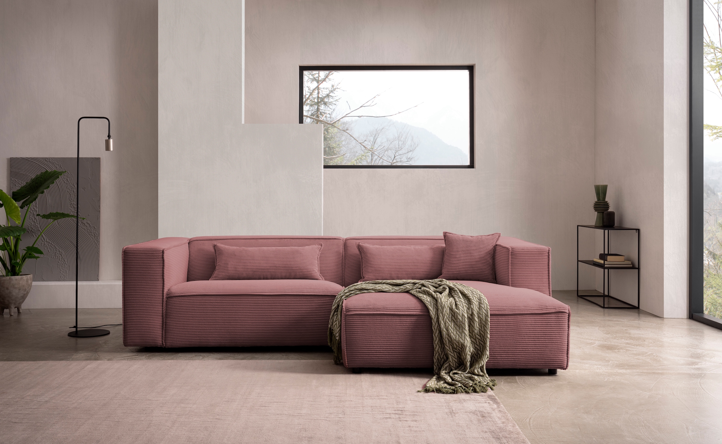 LeGer Home by Lena Gercke Ecksofa »PIARA mit Kedernaht in Cord oder Leinenoptik, moderne Couch in L-Form«, wahlweise Ottomane rechts/links, schwarze Füße, bequemer Sitzkomfort