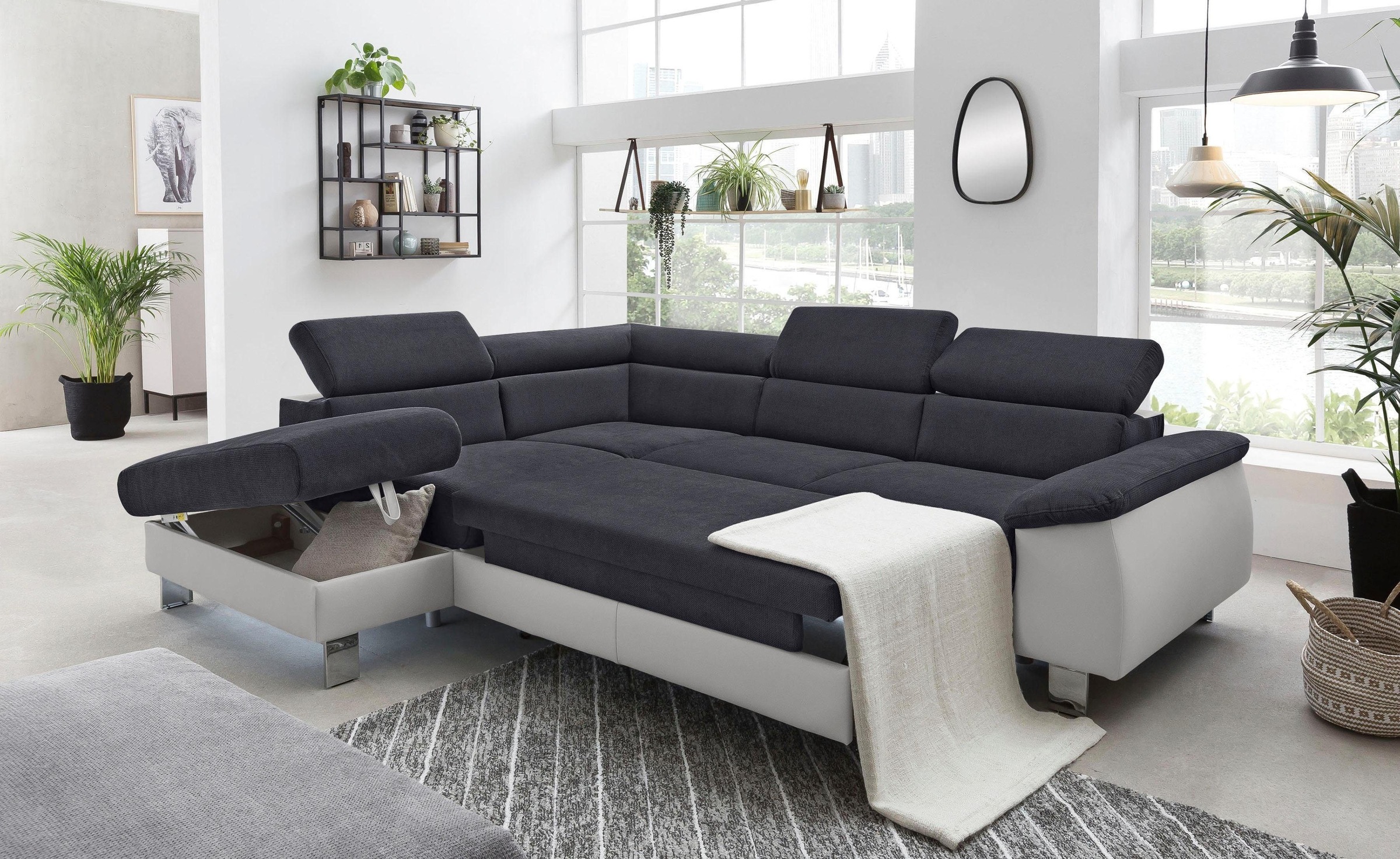 COTTA Polstergarnitur »Komaris L-Form, B: 249 bzw. 100 cm (Set: Ecksofa & Hocker)«, (Set), mit Kopfteilverstellung, optional Bettfunktion, Bettkasten & Licht
