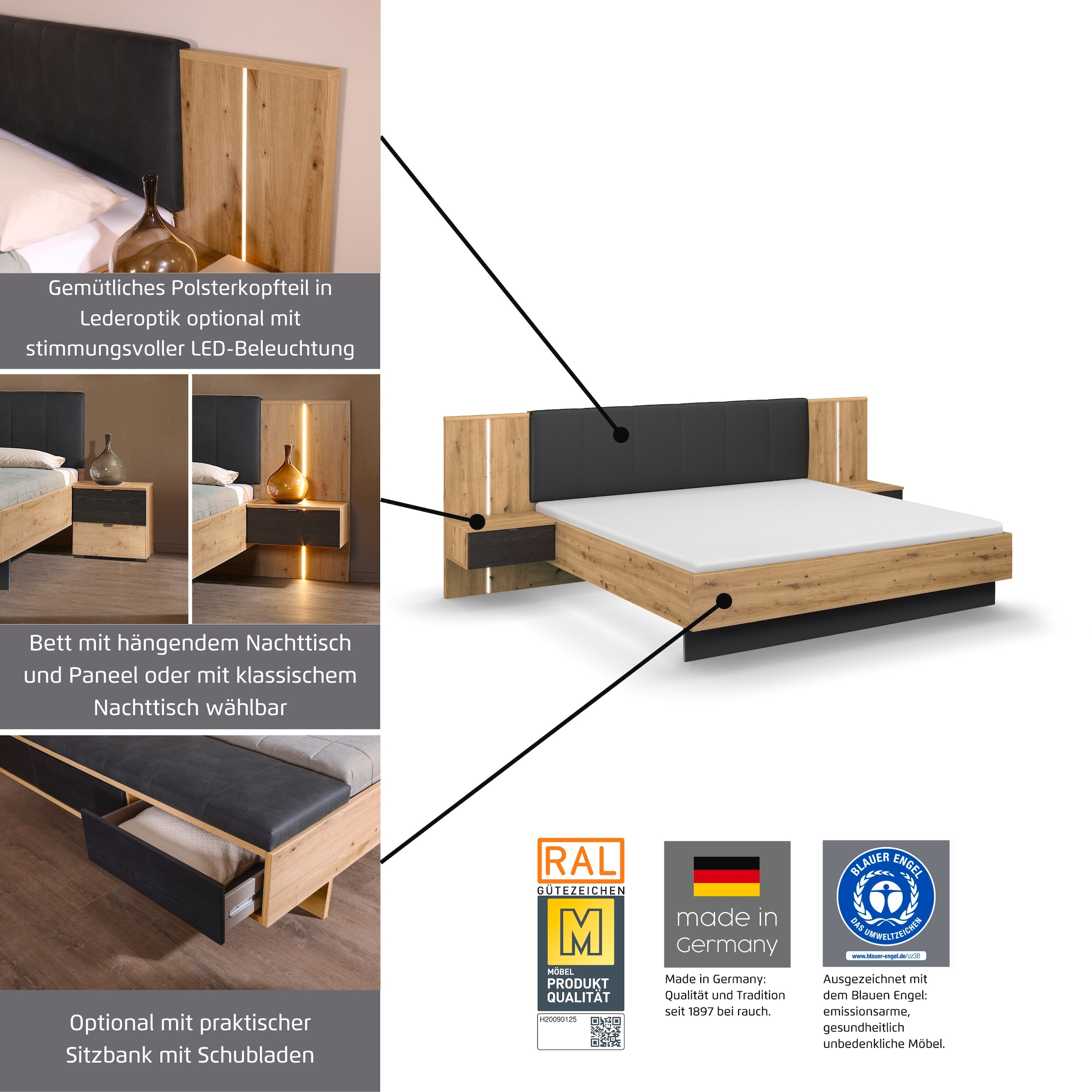 rauch Bettanlage »Bett Doppelbett Komfortbett Funktionsbett APOLLON« Liegefläche 180x200, optional mit Bettbank und Stauraum, 3 tlg. tlg. Polster-Kopfteil in Lederoptik black, mit Beleuchtung MADE IN GERMANY