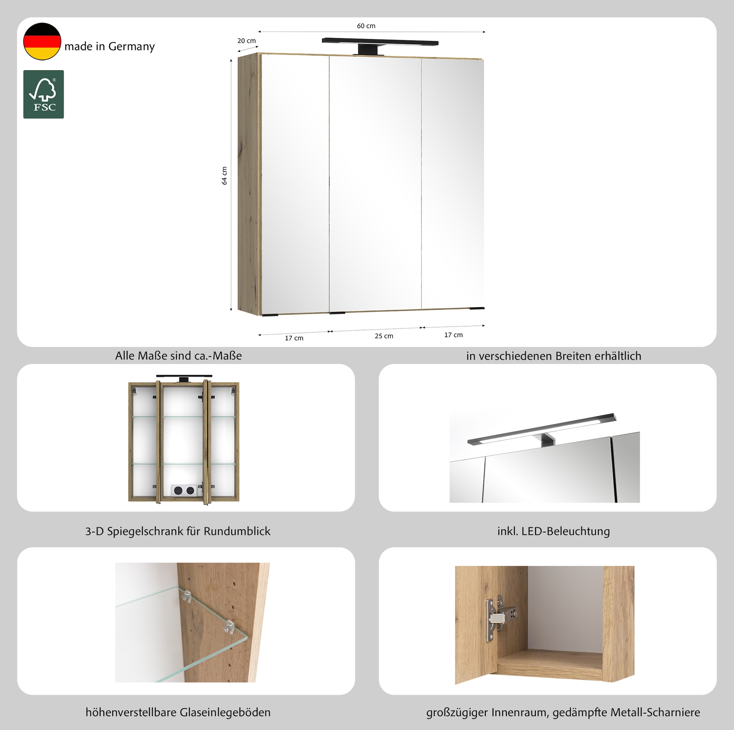 welltime Badezimmerspiegelschrank »CADIZ, gedämpfte Scharniere« Rundumsicht, dank besonderer Klapptechnik