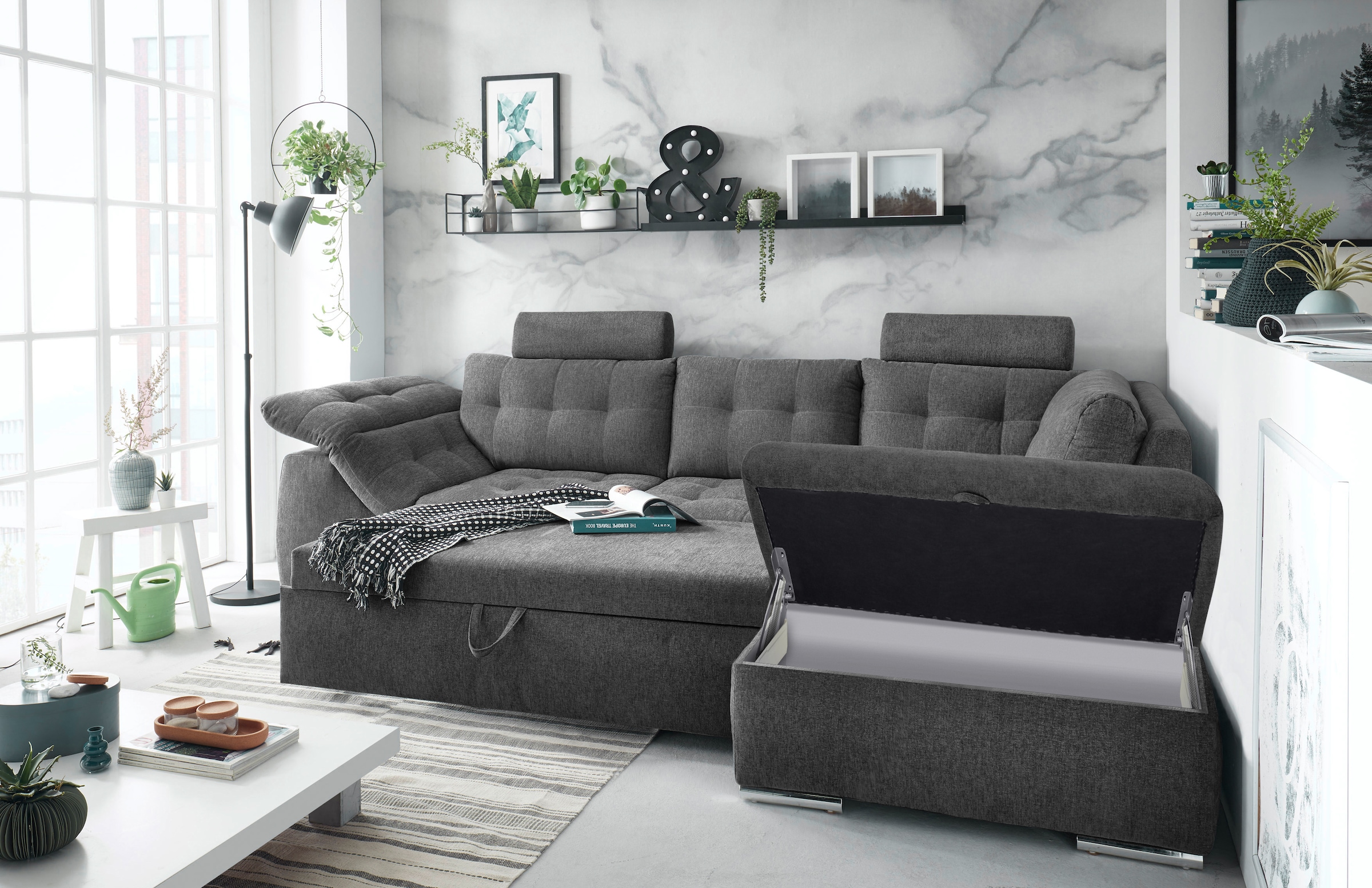 ED EXCITING DESIGN Ecksofa Oman, mit Bettfunktion, Bettkasten, Armteilverstellung und  Kopfstützen