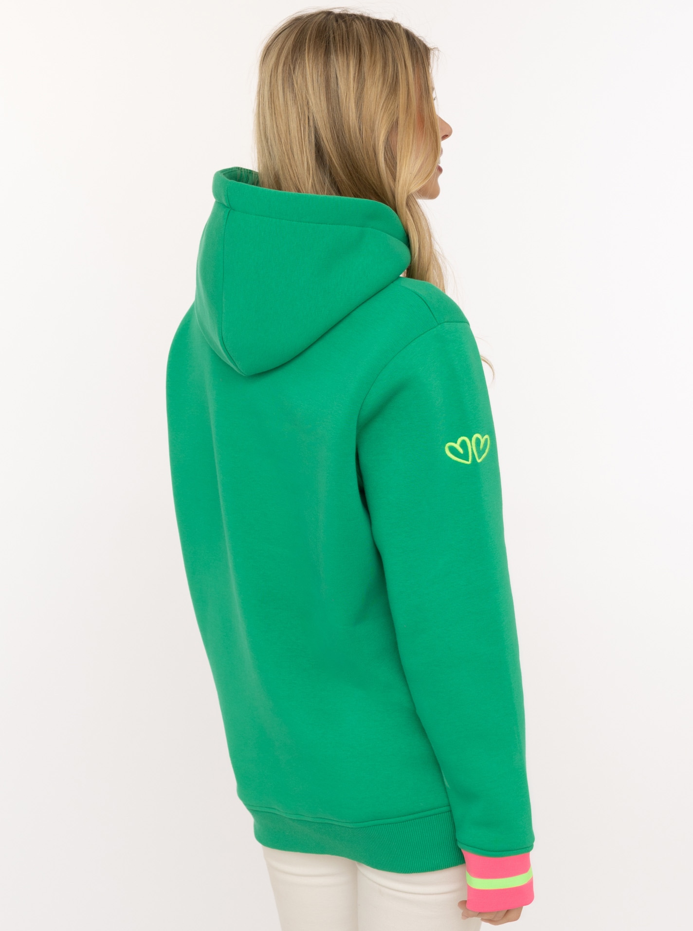 Zwillingsherz Hoodie »"SMILE"«, große Stickerei, gestreifte Bündchen, Fronttasche, Kapuze
