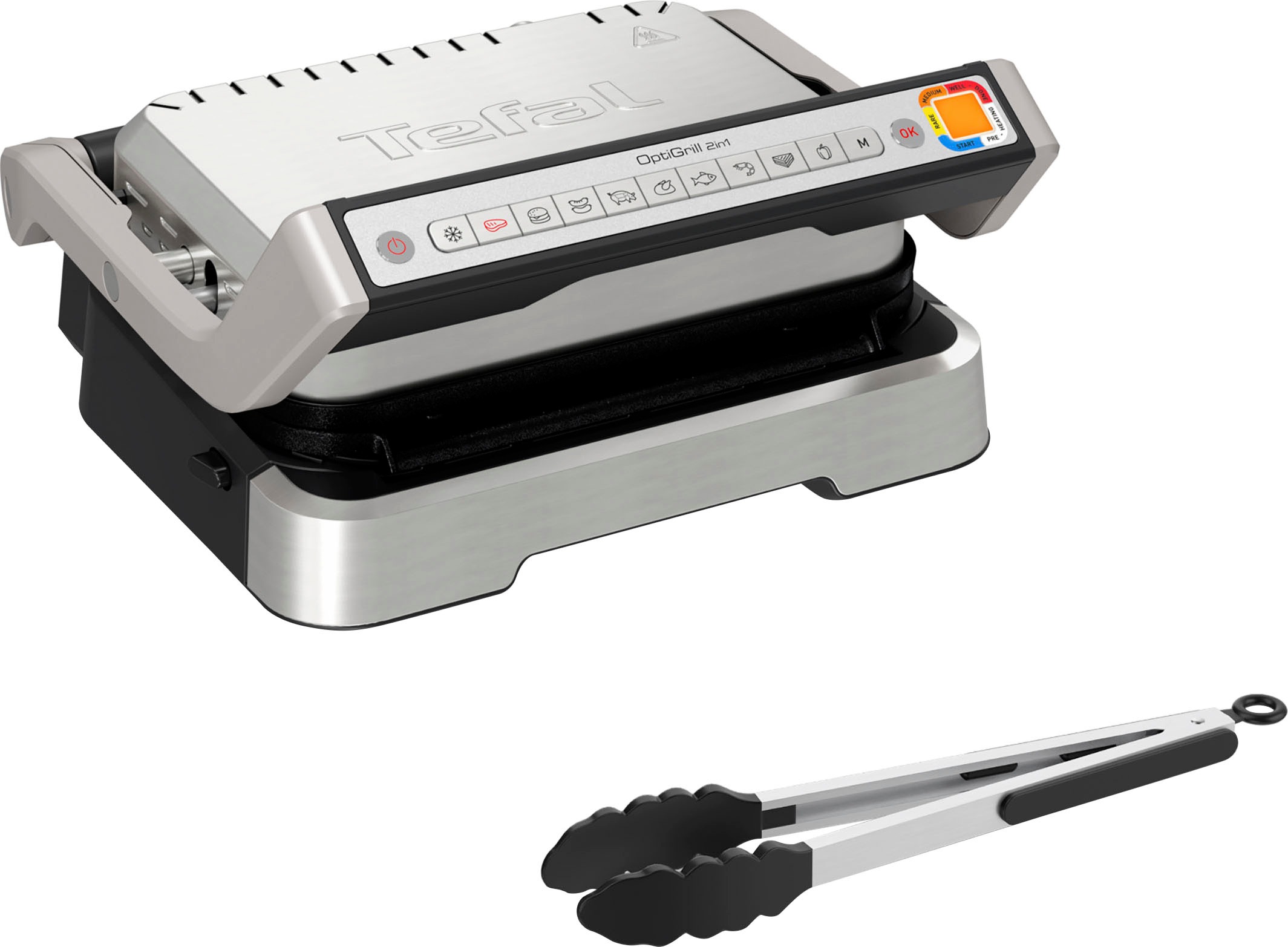 Tefal Kontaktgrill »GC773D OptiGrill 2-in-1 mit Grillzange« 2100 W intelligenter Grill & BBQ, aufklappbar, 9 Auto-Programme in grau