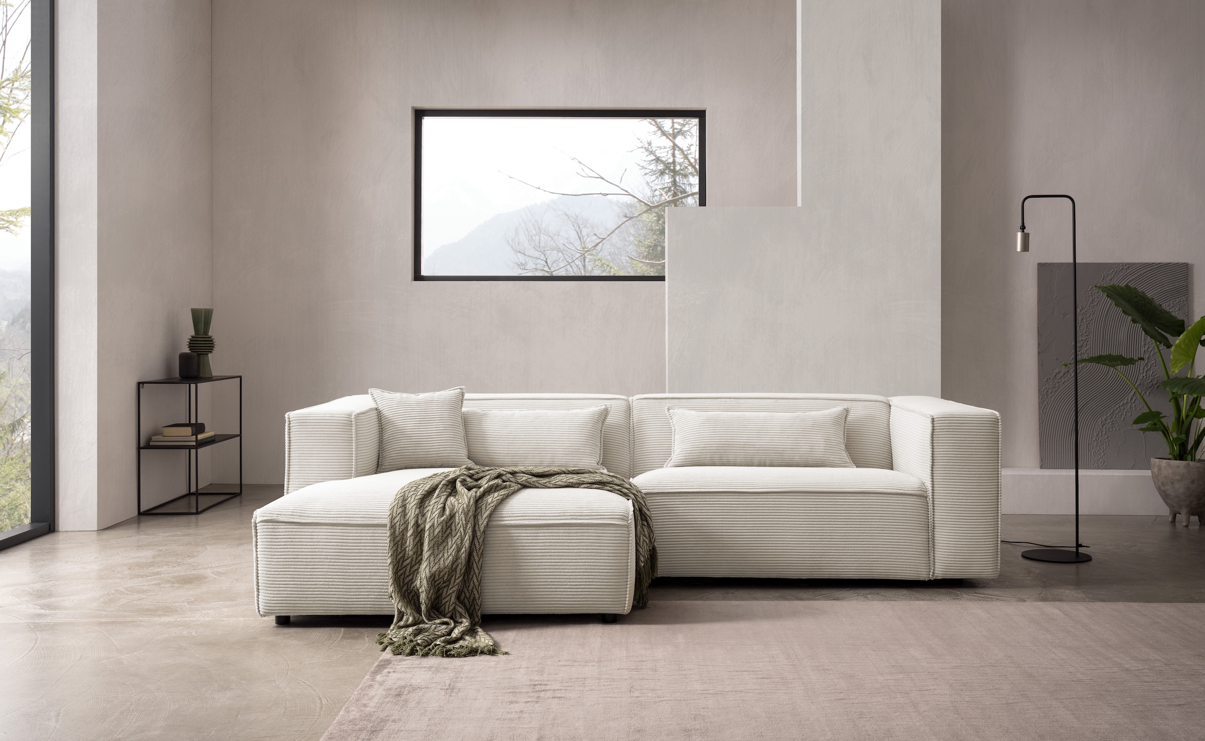 LeGer Home by Lena Gercke Ecksofa »PIARA mit Kedernaht in Cord oder Leinenoptik, moderne Couch in L-Form«, wahlweise Ottomane rechts/links, schwarze Füße, bequemer Sitzkomfort