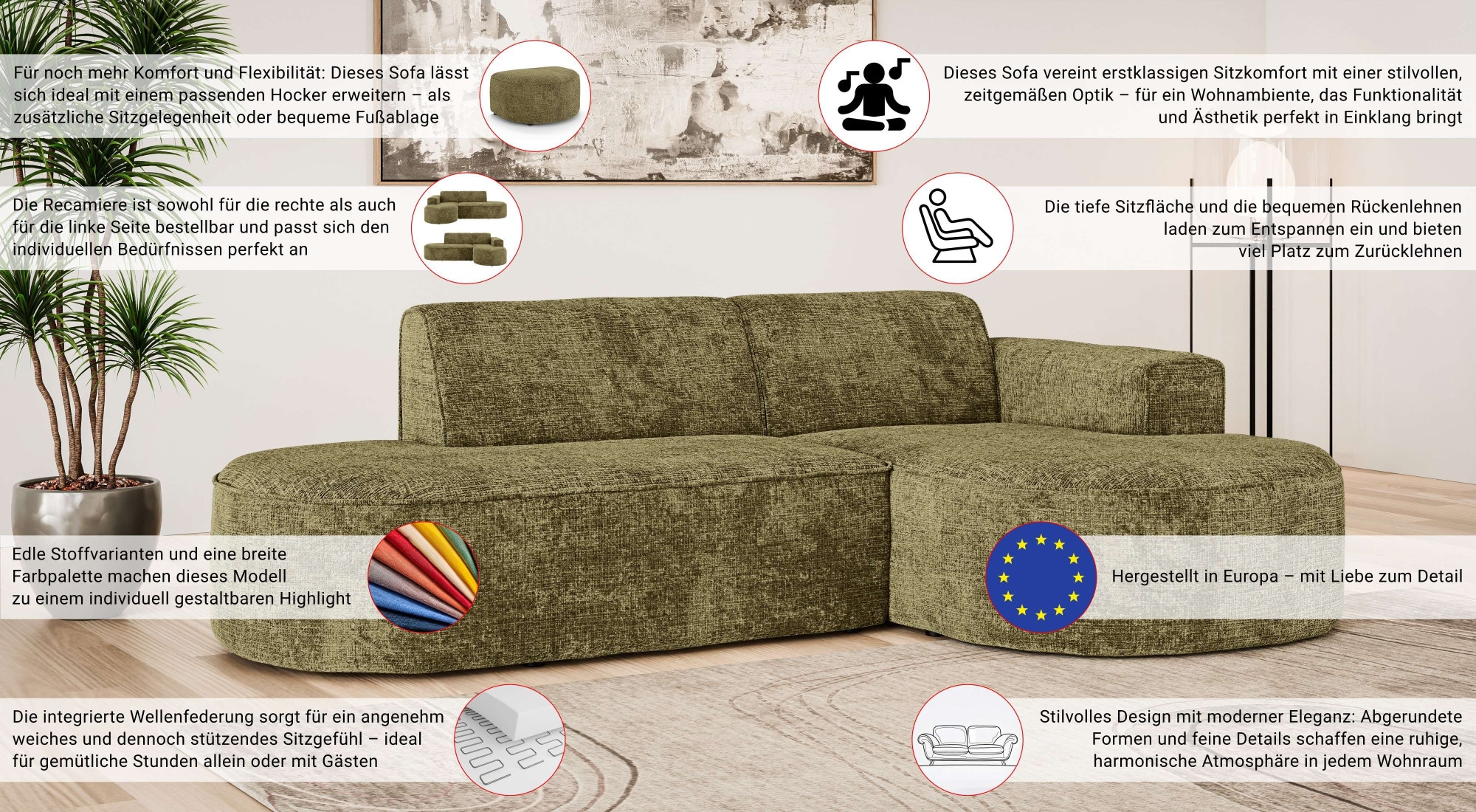 OTTO home Ecksofa »ADELLA XL Design-Sofa mit Recamiere rechts/links, 263/159/76 cm«, L-Form XL mit Wellenunterfederung, runde Form, auch in Cord