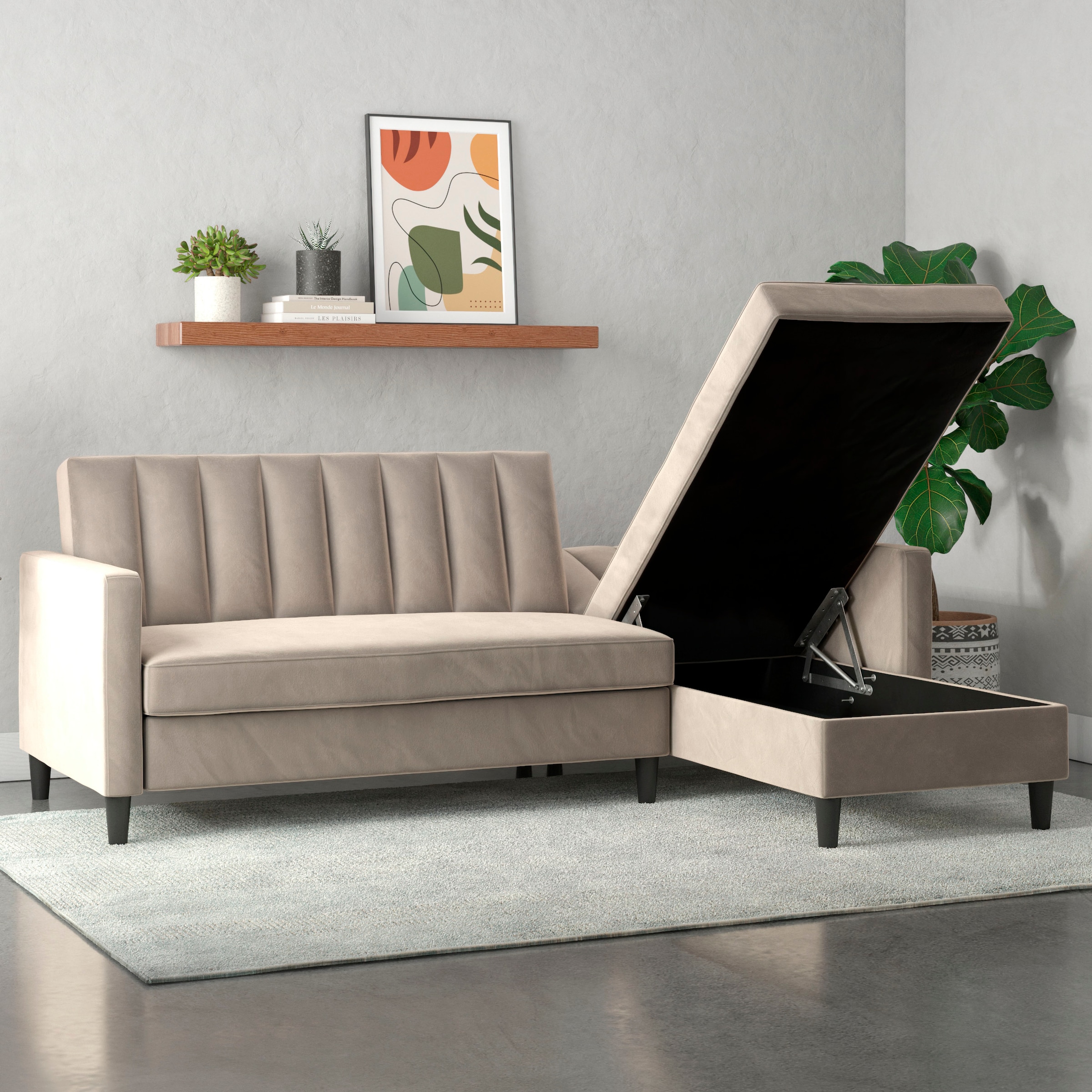 Dorel Home Ecksofa mit Schlafffunktion, Recamiere mit Stauraum beidseitig montierbar, Rückenlehne 2-teilig und 3-fach verstellbar