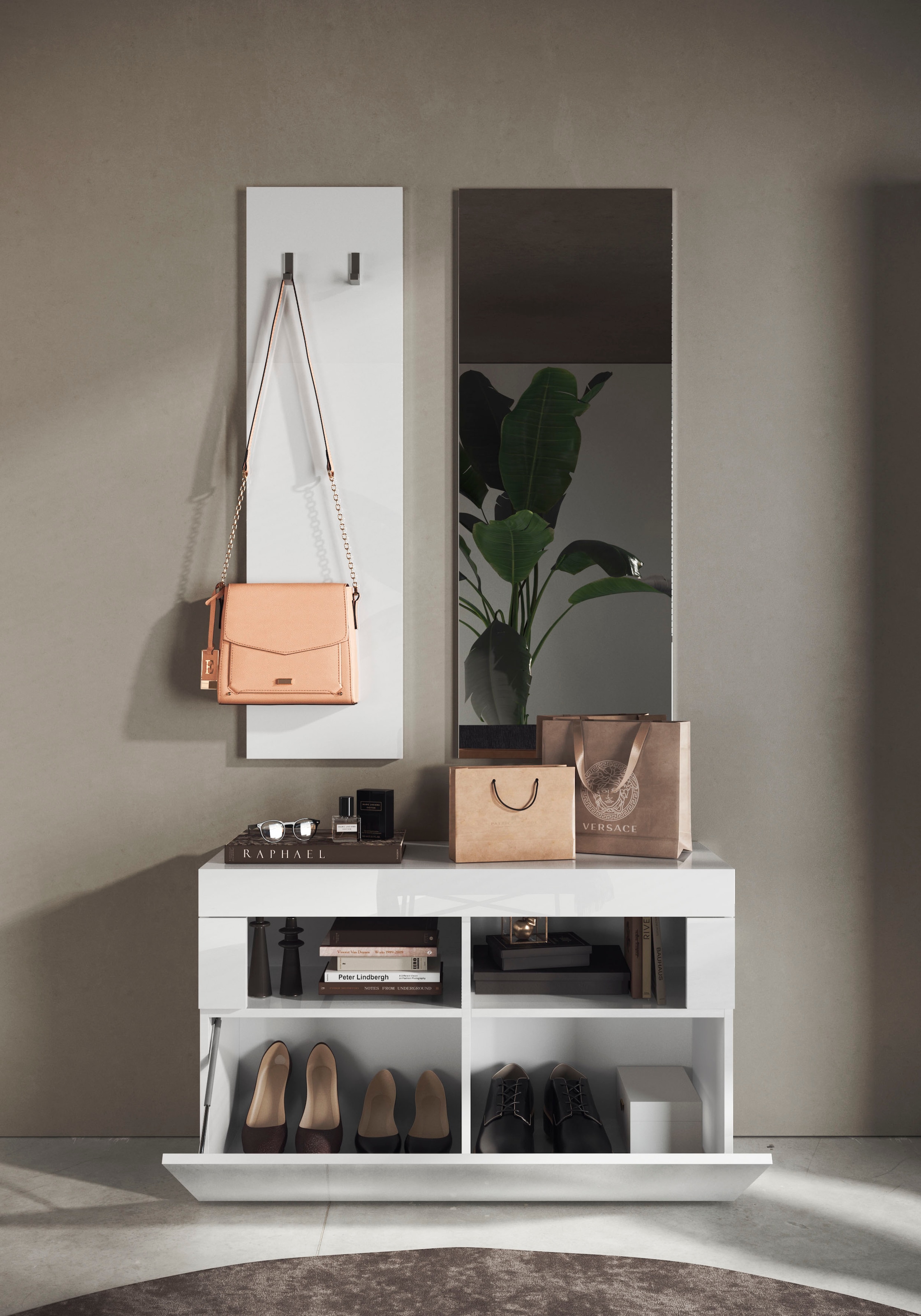 INOSIGN Garderoben-Set »Basic 3tlg. Breite 91 cm, Höhe 187 cm, Wandgarderobe«, (3 St.), (Schuhbank, Garderobenpaneel, Spiegel), Weiss Hochglanz Lack