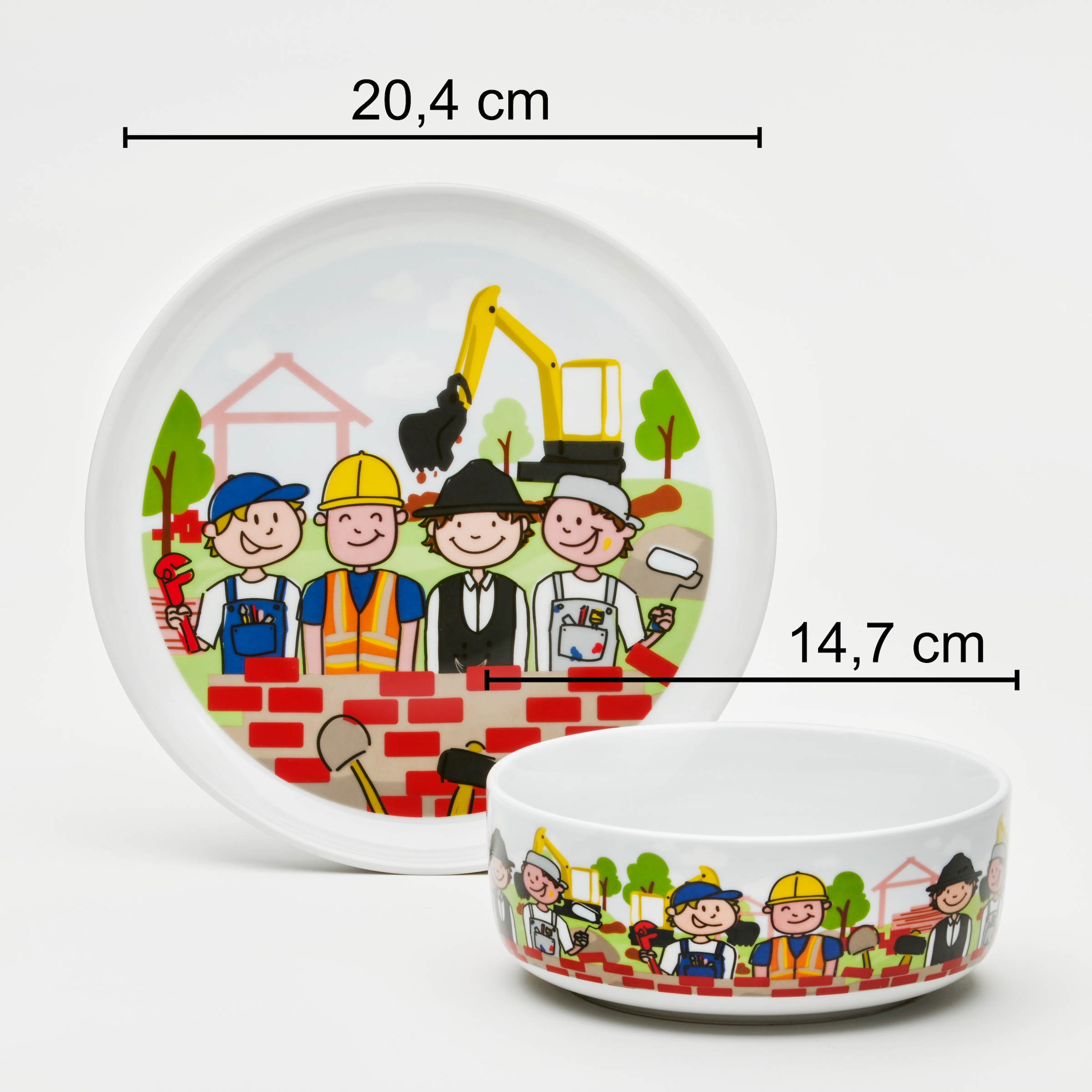 van Well Kindergeschirr-Set »Kinderset Baustelle, 3-teilig, Geschirr-Set, Service« mit farbenfrohem Dekor, spülmaschinen- und mikrowellengeeignet