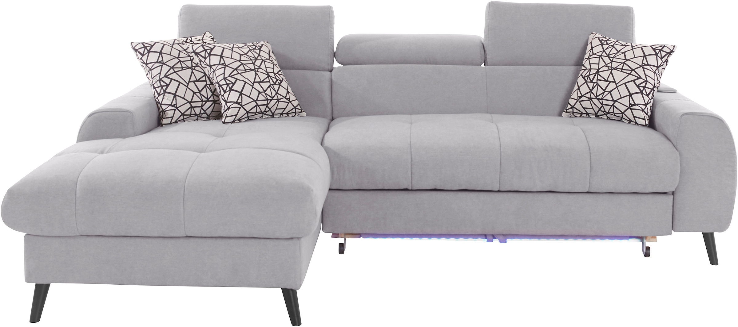 COTTA Ecksofa »Mia L-Form mit 3 Zierkissen«, wahlweise mit Bettfunktion, Bettkasten, Beleuchtung & Wireless-Charger