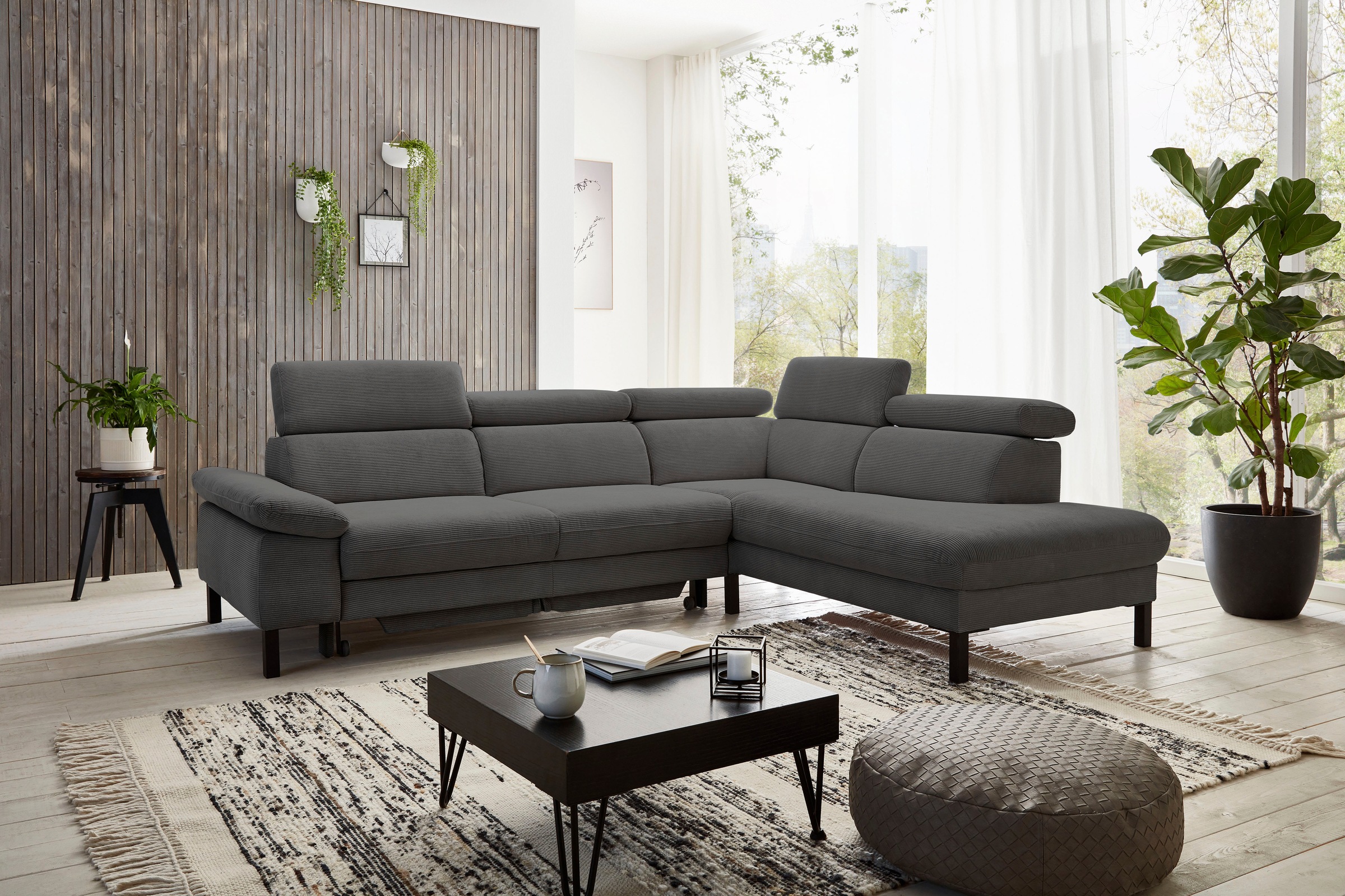 Home affaire Ecksofa »Arnayon mit Querschläfer-Bettfunktion, Schlafsofa, großer Bettkasten«, manuelle Kopfteilverstellung, Tonnentaschen-Federkern, Feincord L-Form