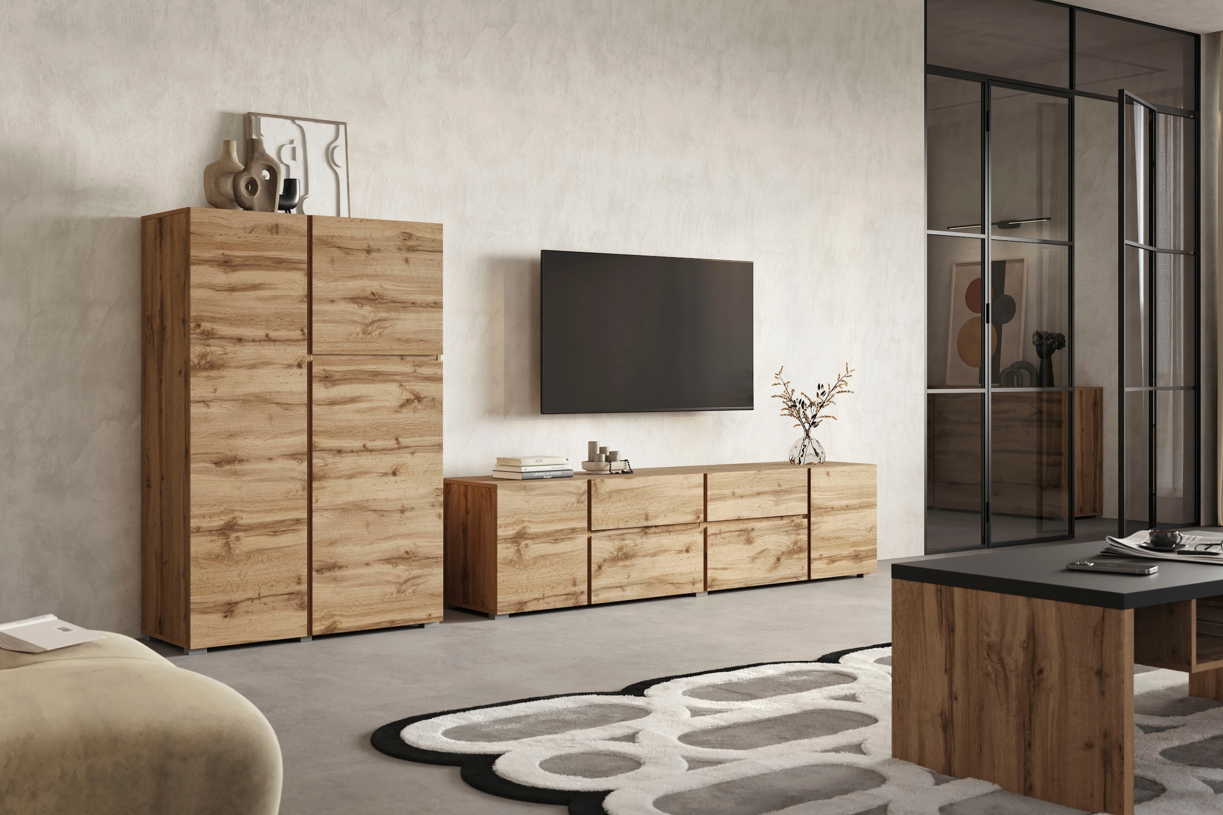 INOSIGN Highboard »Asymetric, Breite 92 cm, moderne grifflose Hochkommode mit 3 Türen«, Hochschrank mit viel Stauraum, Einlegeböden verstellbar, Türkommode