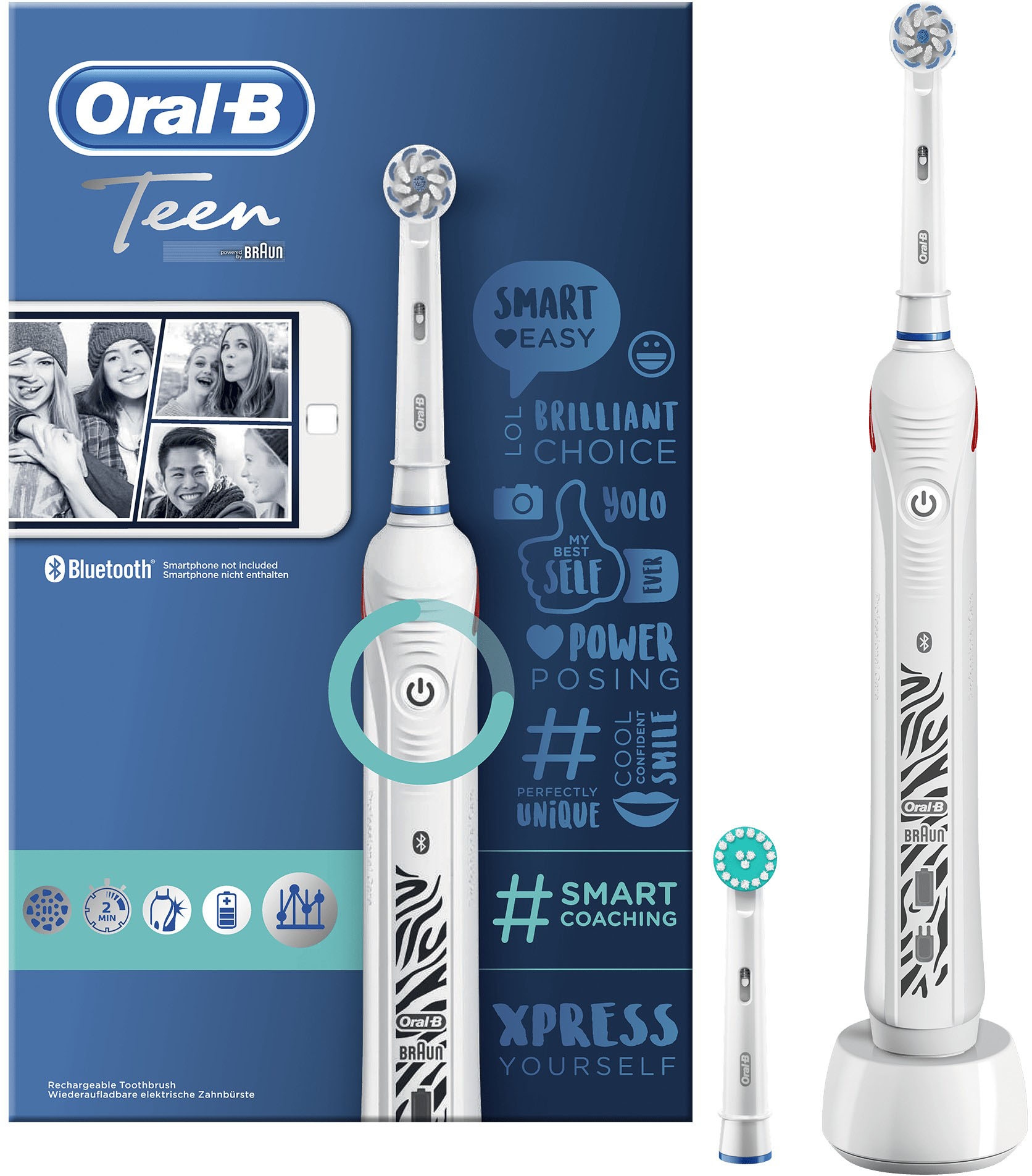 Oral-B Elektrische Zahnbürste »Teen White«, 2 St. Aufsteckbürsten, mit visueller Andruckkontrolle