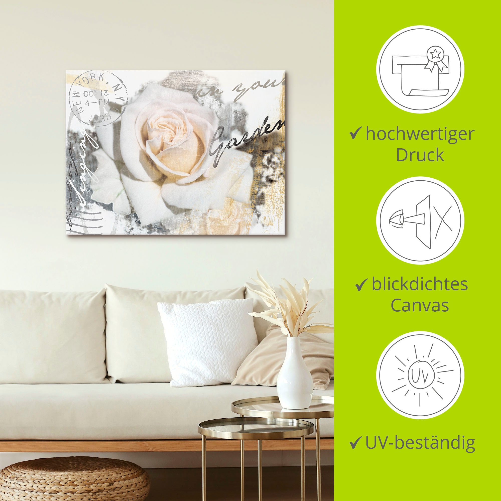 Artland Wandbild »In Buchstaben - Rose«, Blumen, (1 St.), als Leinwandbild, Poster, Wandaufkleber in verschied. Größen