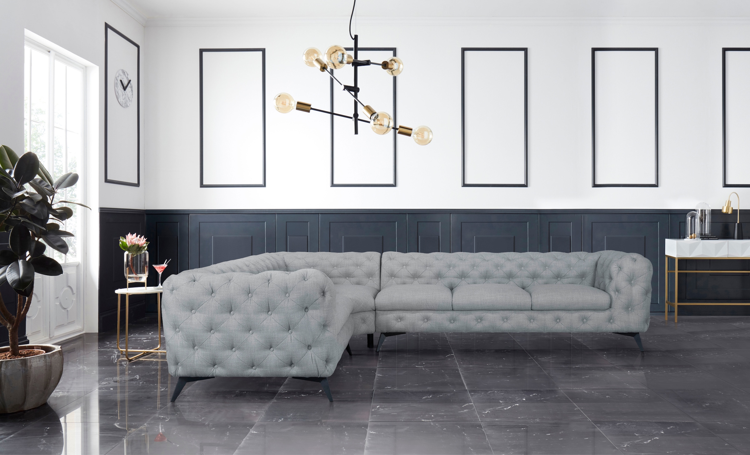 Home affaire Chesterfield-Sofa »Ecksofa GLYNIS L-Form mit Wellenunterfederung, Maße B/T/H 323/264/75cm« aufwändige Knopfheftung, moderne Chesterfield Optik, Fußfarbe wählbar