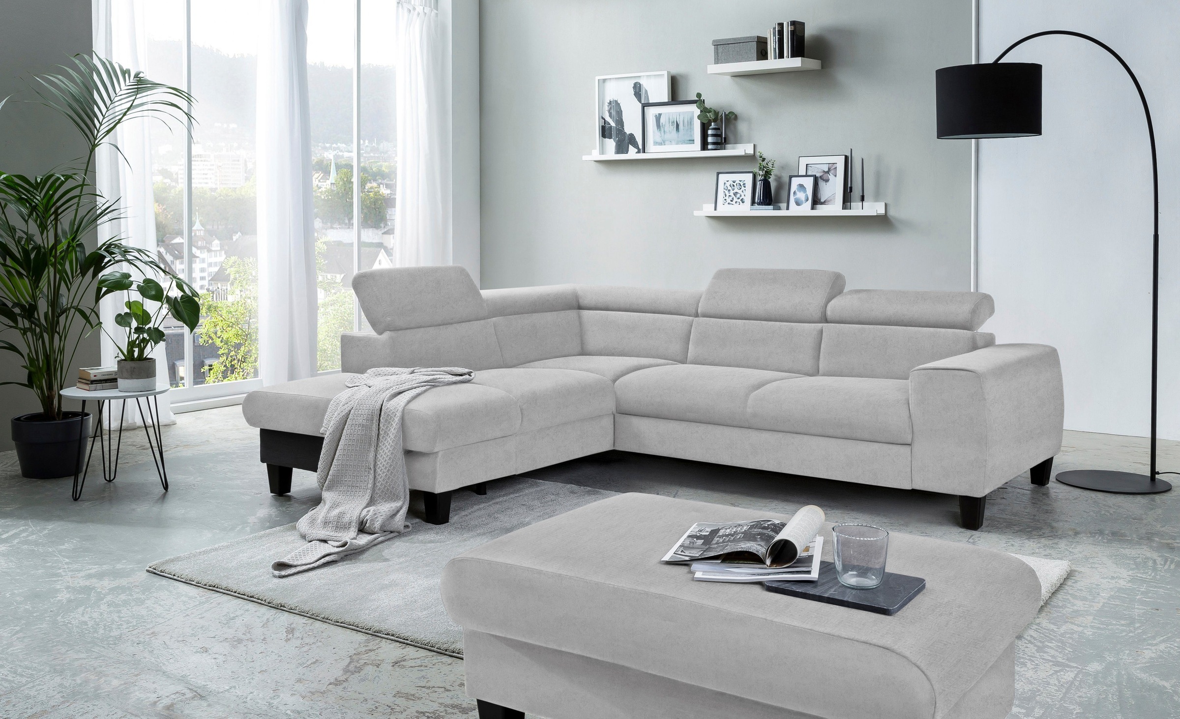 COTTA Polstergarnitur »Morven L-Form«, (Set), Set bestehend aus: Ecksofa mit Kopfteilverstellung & Hocker
