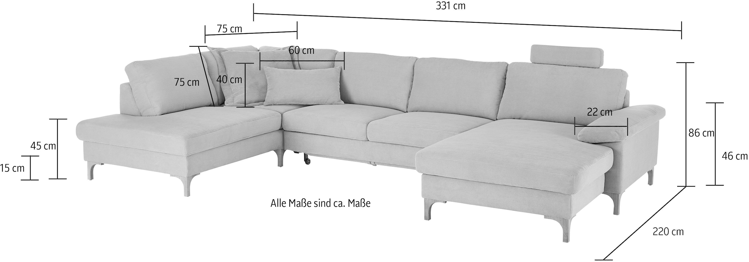 3C Candy Wohnlandschaft »Lecce, wahlweise PUR-Schaumstoff oder Tonnentaschenfederkern U-Form«, Bettkasten in Umbauecke und Longchair, sowie Querschläfer im 2-Sitzer