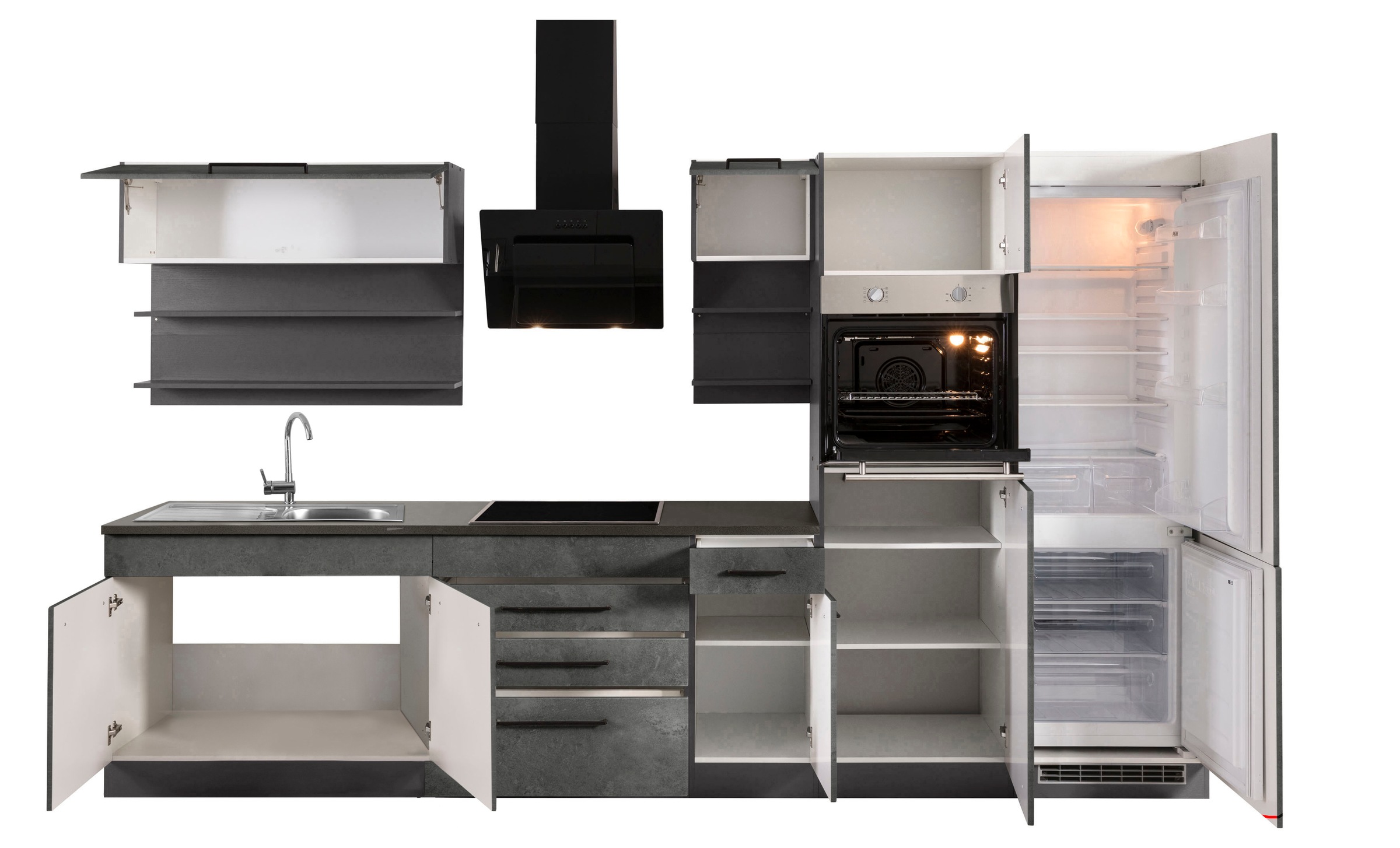 KOCHSTATION Küchenzeile »KS-Tulsa«, mit E-Geräten, Breite 350 cm, schwarze Metallgriffe, MDF Fronten