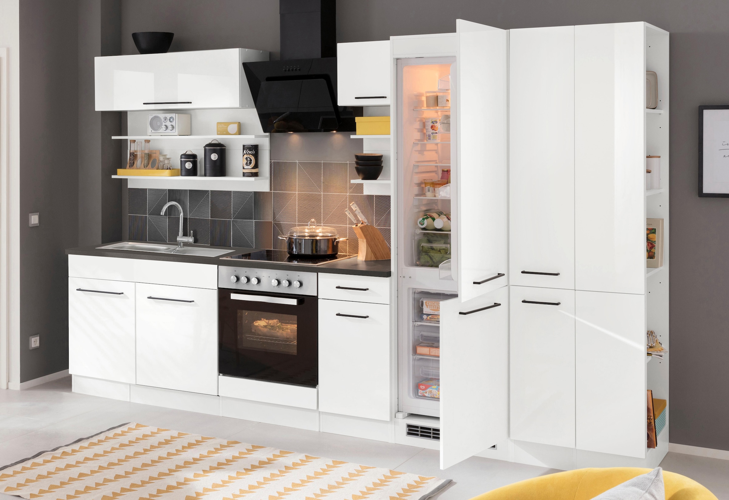 KOCHSTATION Küchenzeile »KS-Tulsa« ohne E-Geräte, Breite 300 cm, schwarze Metallgriffe, MDF Fronten