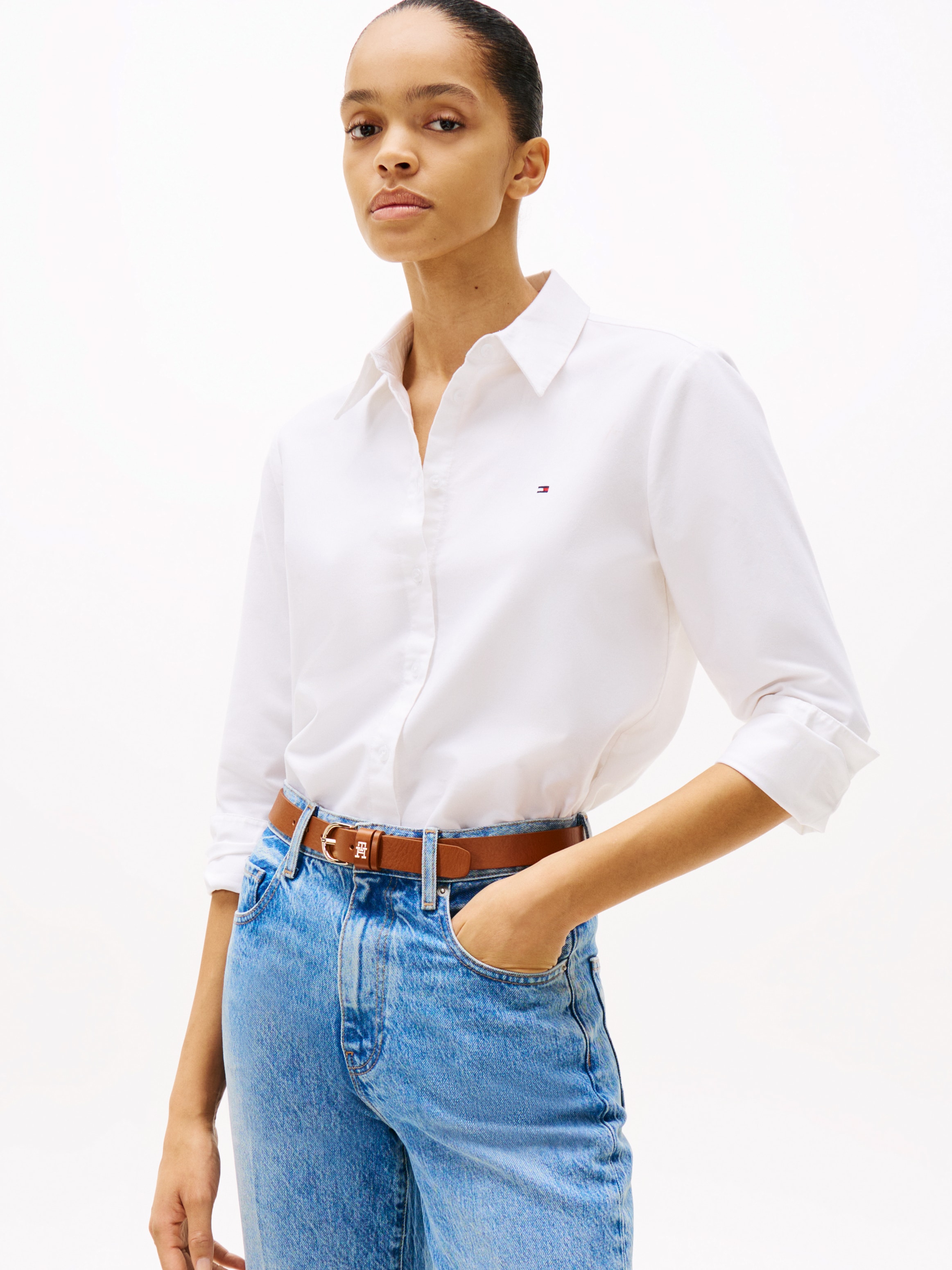 Tommy Hilfiger Hemdbluse »OXFORD RELAXED FIT SHIRT mit Hemdblusenkragen und Stickerei«, gestreift, klassisch, relaxed fit, Baumwolle, Kragen