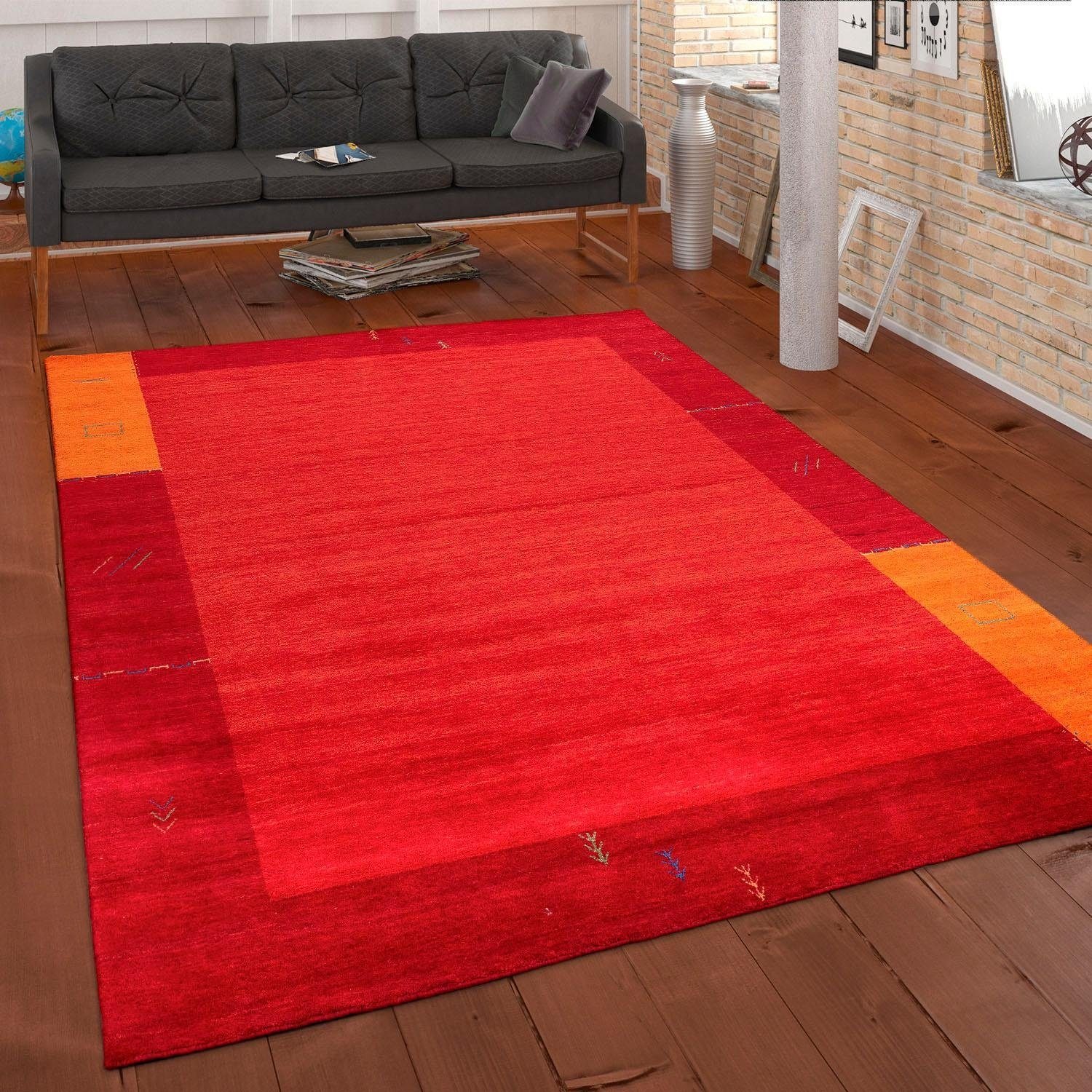 Paco Home Wollteppich »Gabbeh 309« rechteckig 14 mm Höhe Kurzflor, handgewebt, reine Wolle, Gabbeh-Stil, mit Bordüre