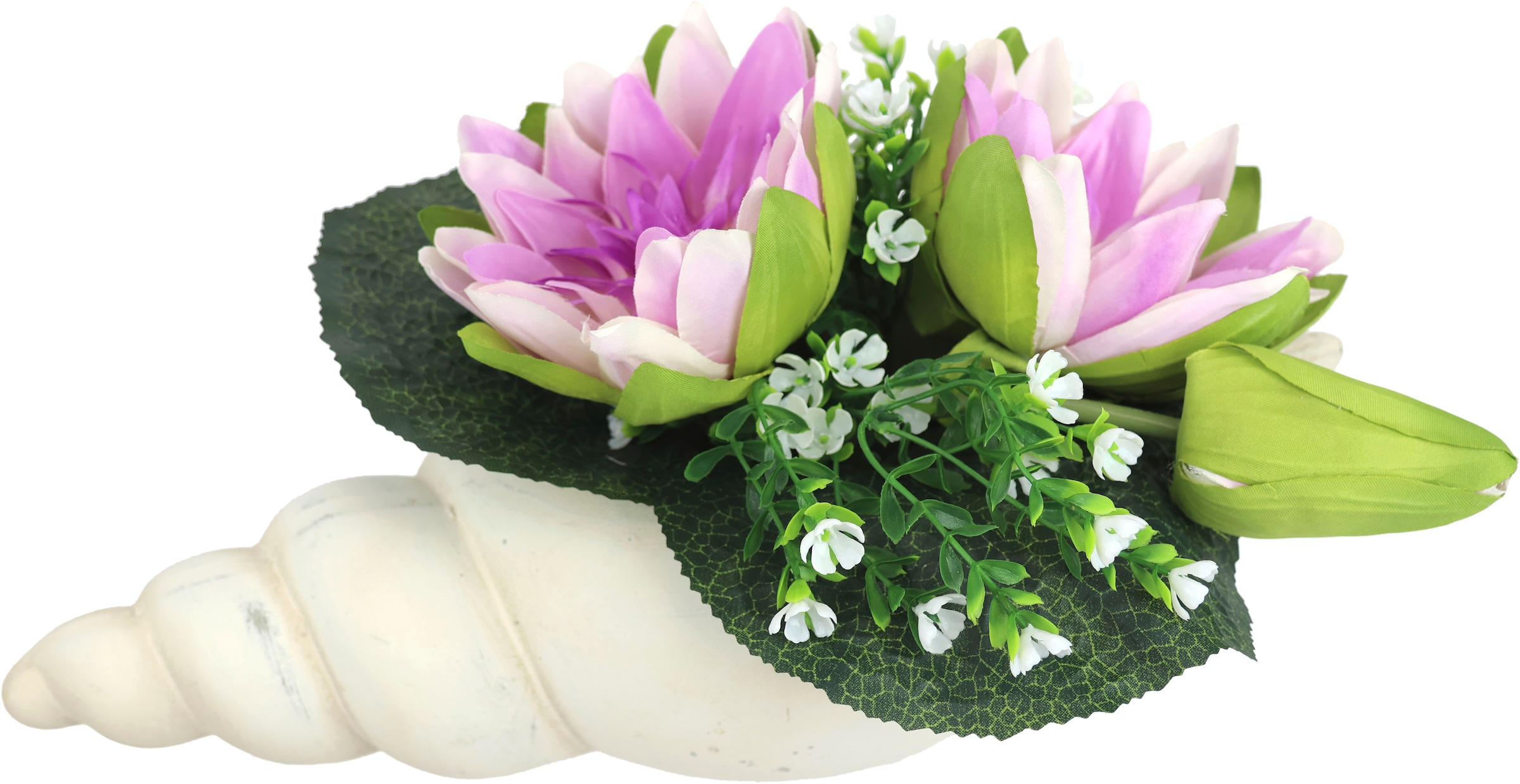I.GE.A. Kunstblume »Lotus in Muschel-Topf«, Künstliche Seerosen-Arrangement in Muschel - Wasserlilien mit Blüten