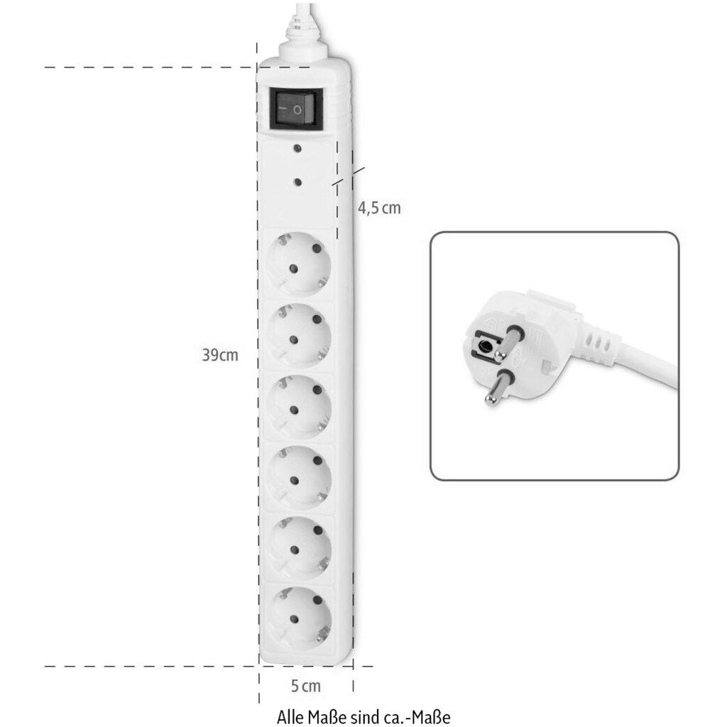Hama Steckdosenleiste »Steckdosenleiste, 6-fach, mit Überspannungsschutz, 1,4 m, Weiß«, 6-fach, (Kabellänge 1,4 m)