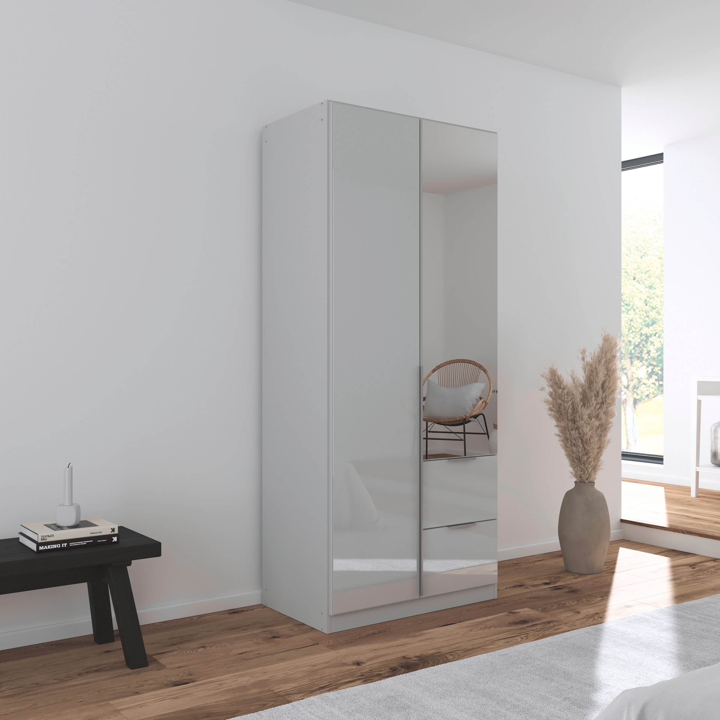 rauch Drehtürenschrank »Kleiderschrank Kleiderschränke Schrank Garderobe AGORDO mit Glasfront«, (in zwei Griff-Farben mit Glasfront), mit Außenschubkästen, in 6 Breiten und 2 Höhen MADE IN GERMANY