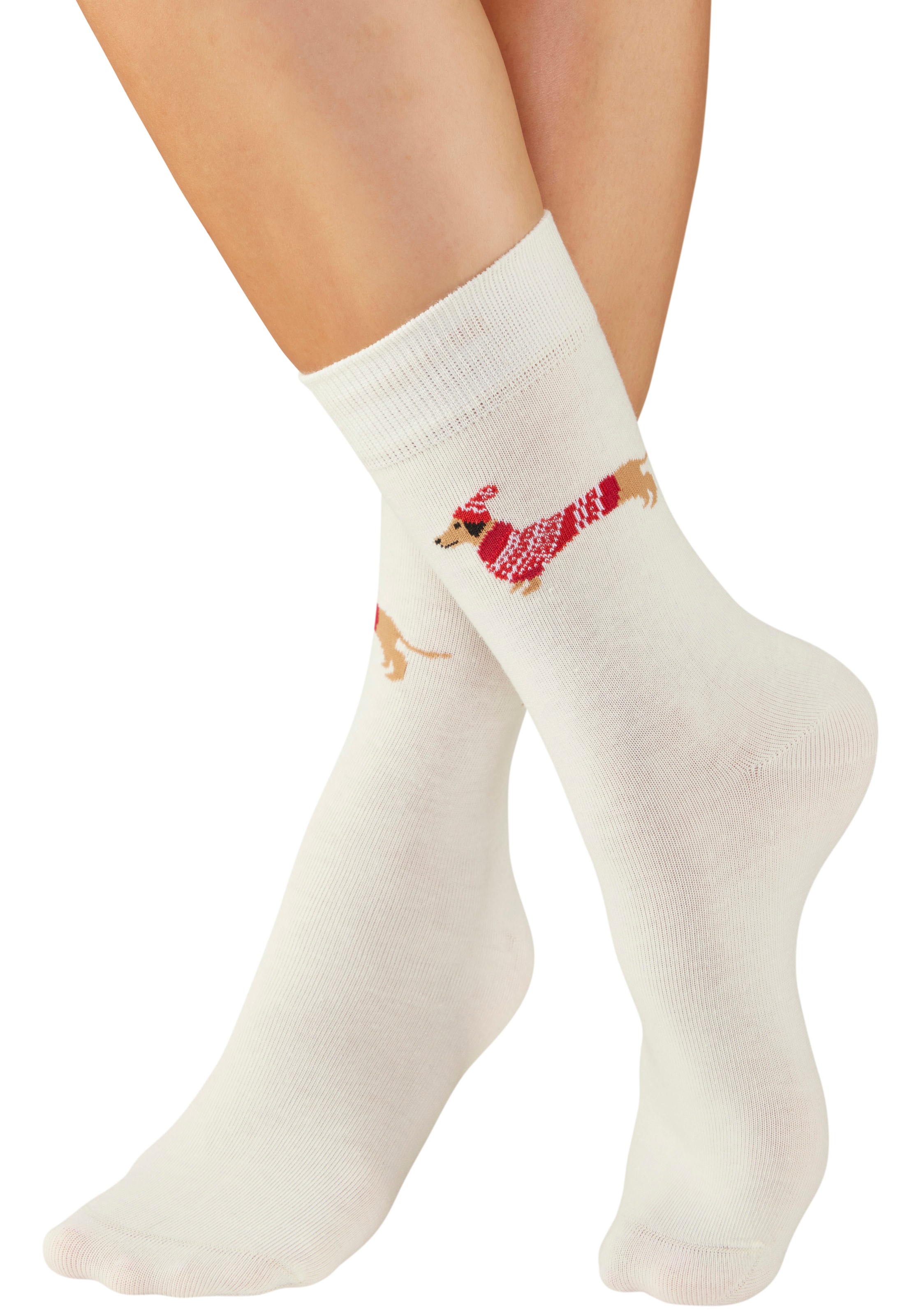 LASCANA Socken, (Packung, 3 Paar), mit weihnachtlichem Dackelmotiv