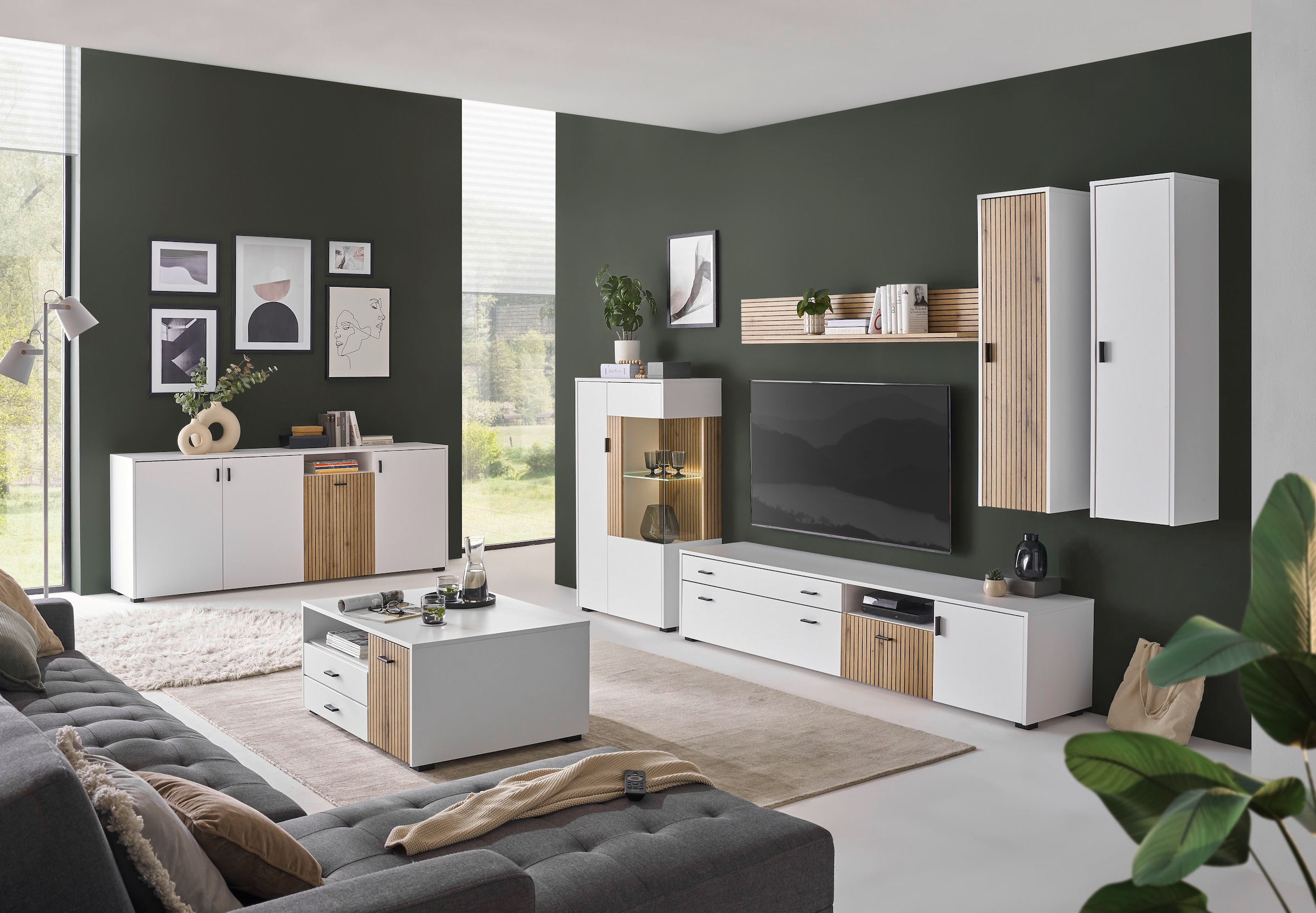 INOSIGN Wohnwand »HUDSON«, (Set, 5 St.), mit moderner Rillenoptik, Griffe aus Metall (Schwarz), Breite 328 cm
