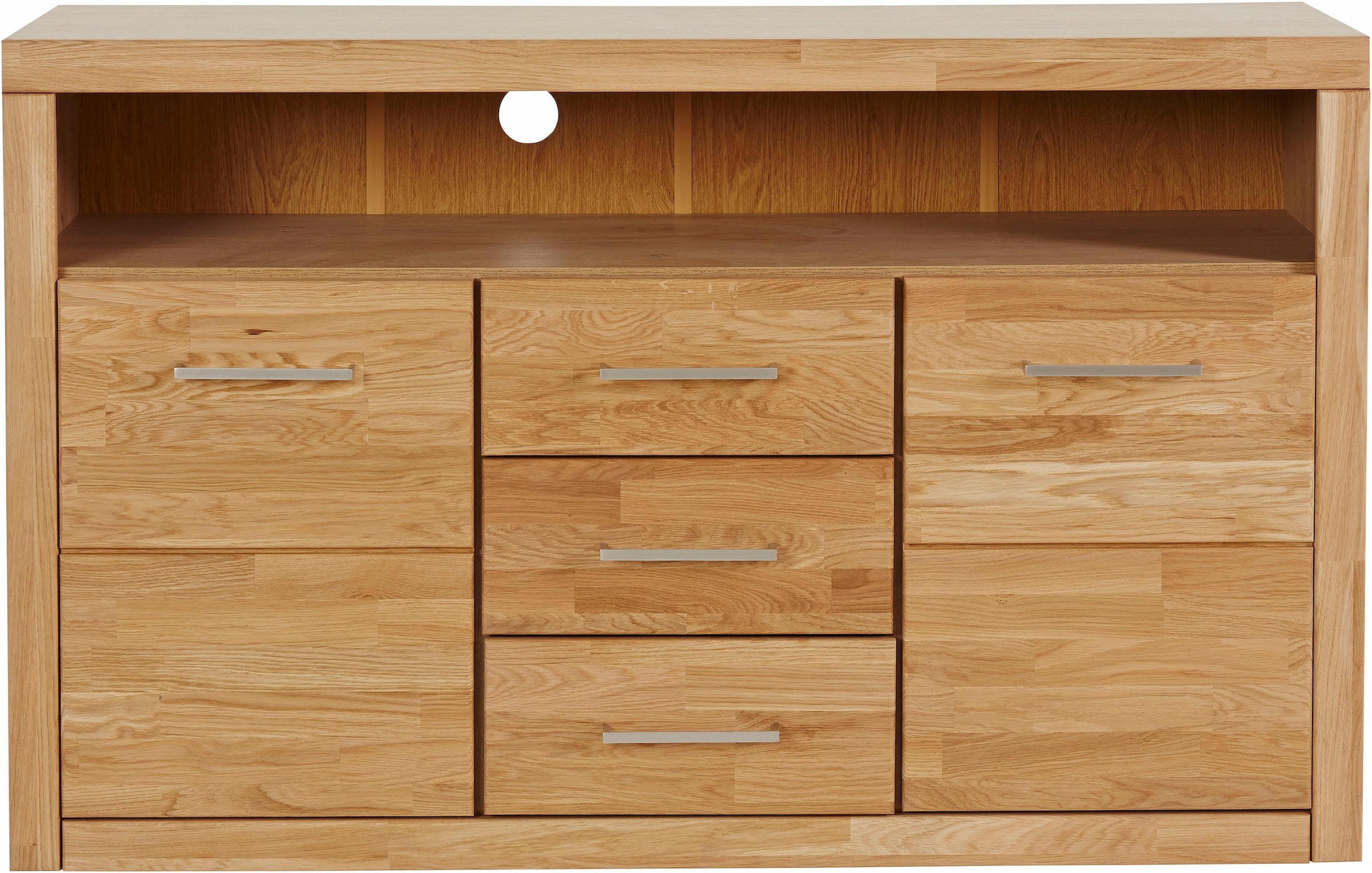 Home affaire Sideboard »Ribe,130cm breit,80cm hoch,Oberplatte Holz massiv,6 Fächer«, Holz massiv, Holzwerkstoff, Metall Griffe,2 Türen,3 Schubladen