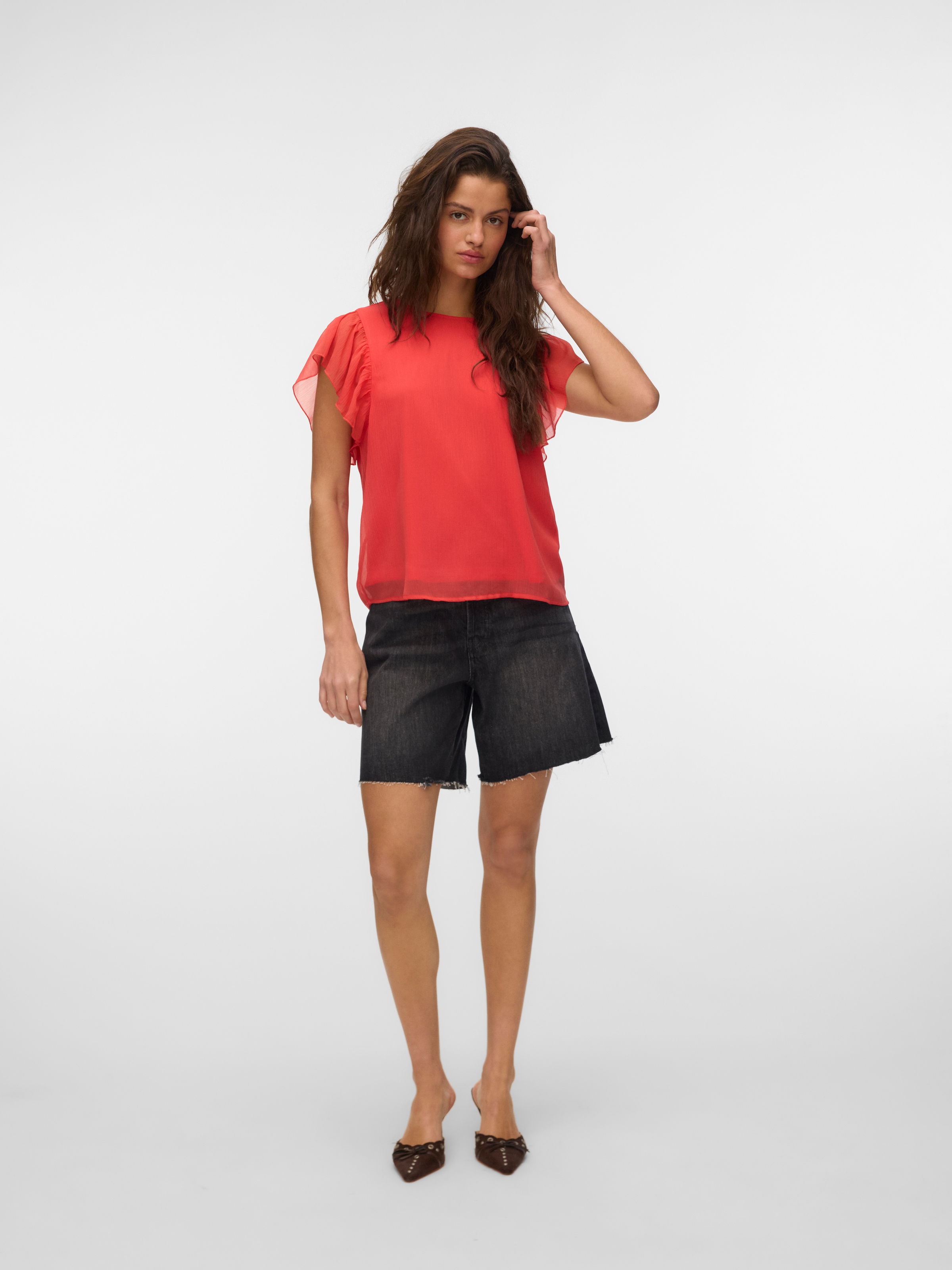 Vero Moda Rüschentop »VMSMILLA S/L FRILL O-NECK TOP WVN« Kunstfaser, normal geschnitten